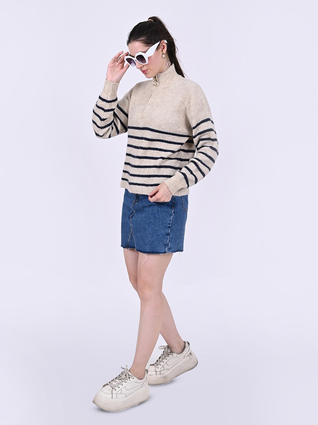 

NoBarr Women Striped Mock Collar Pullover, Beige