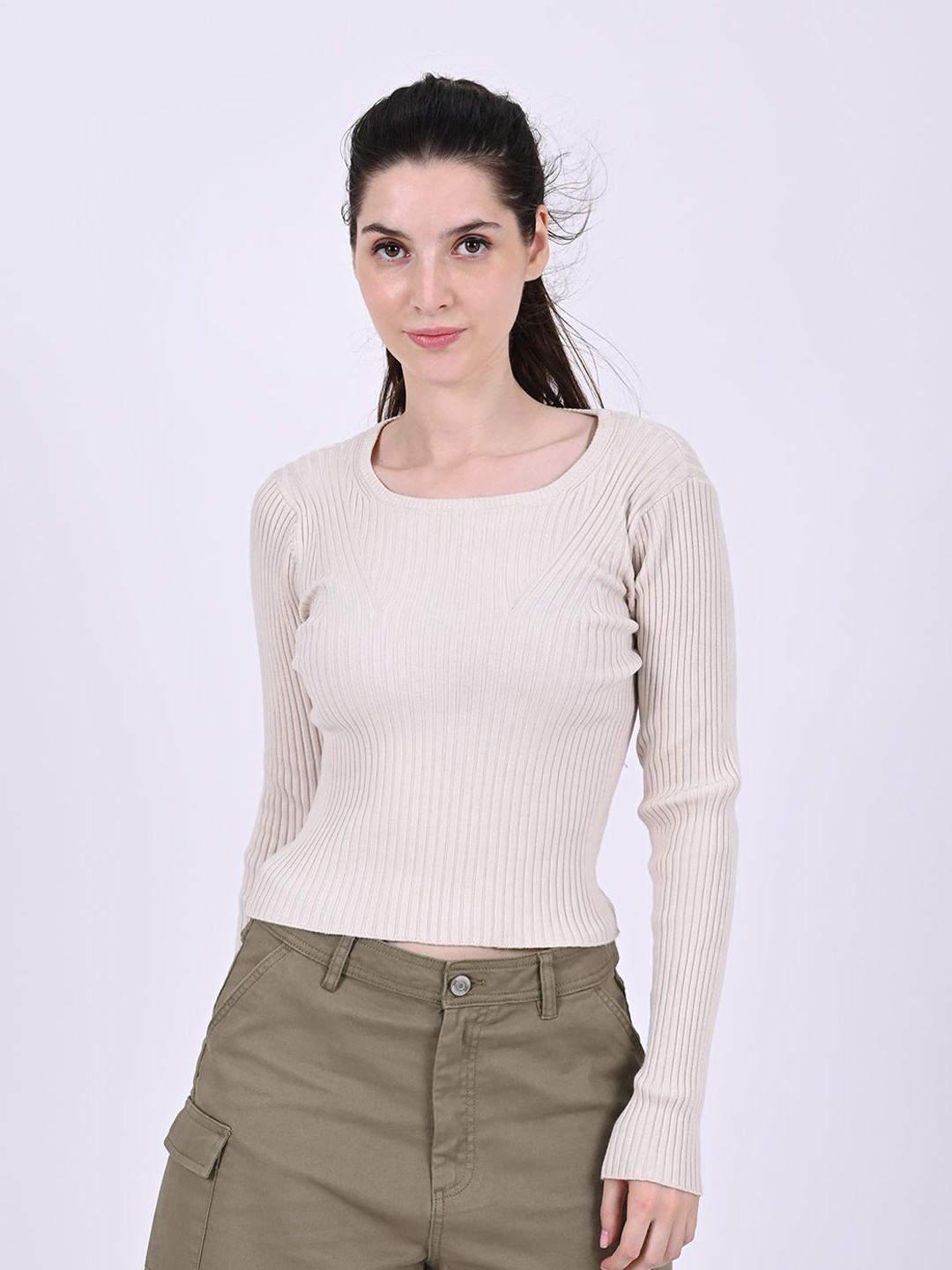 

NoBarr Ribbed Round Neck Crop Top, Cream
