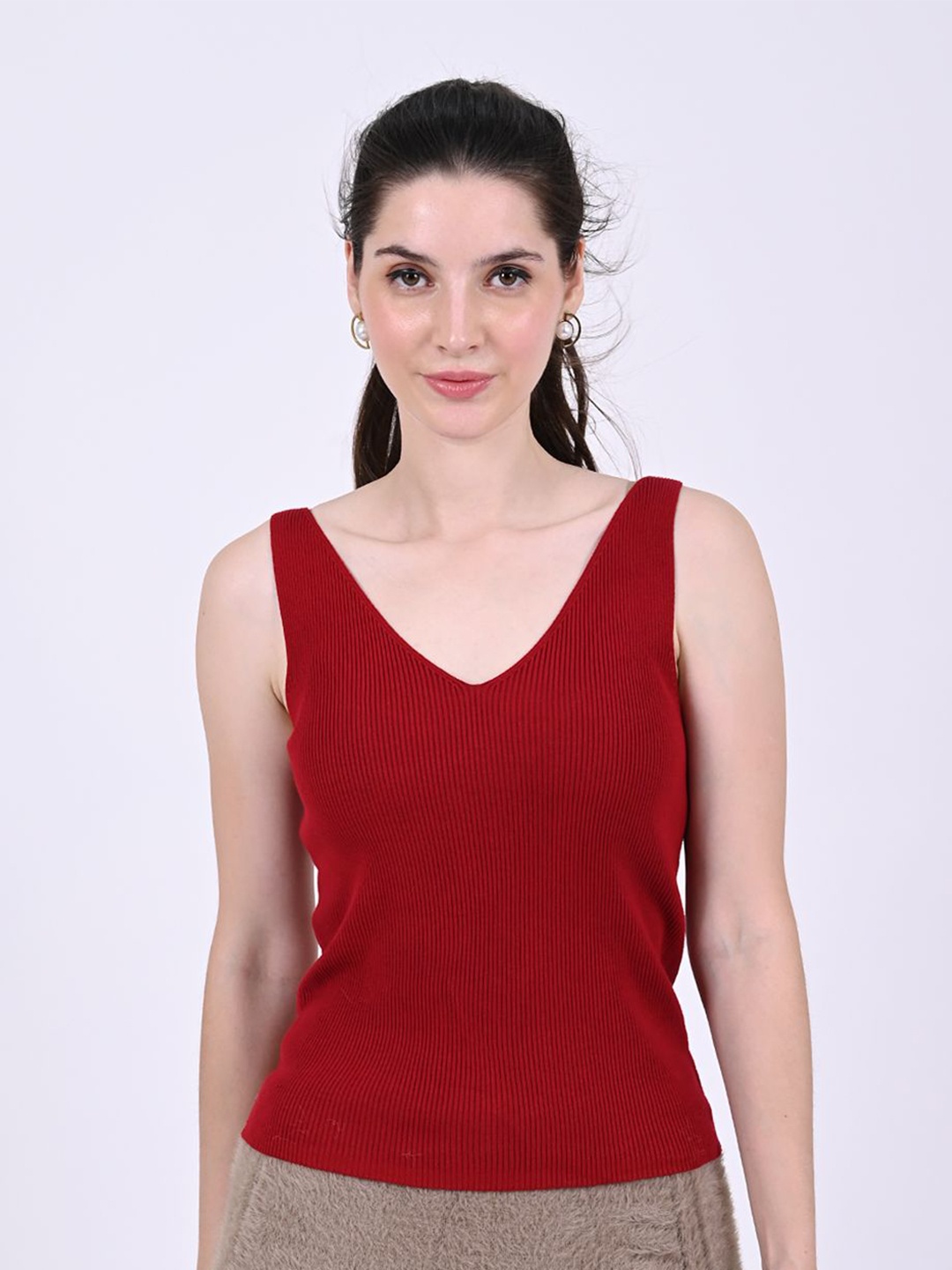 

NoBarr Cherry Red V-Neck Solid Top, Maroon