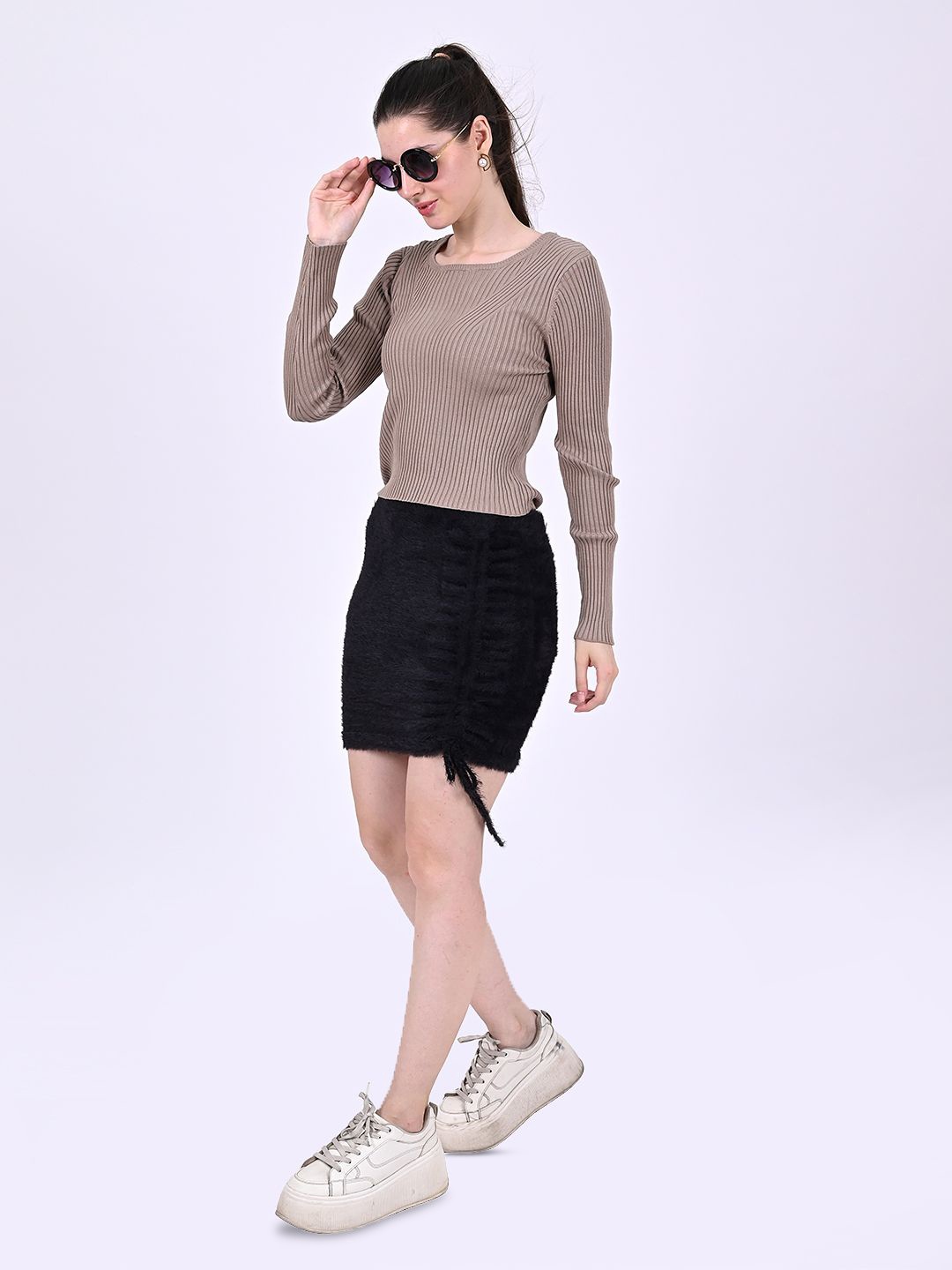 

NoBarr Ribbed Round Neck Crop Top, Brown
