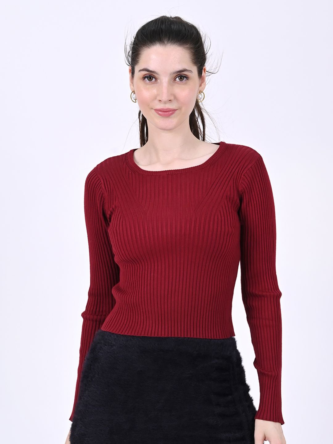 

NoBarr Cherry Red Ribbed Round Neck Crop Top, Maroon