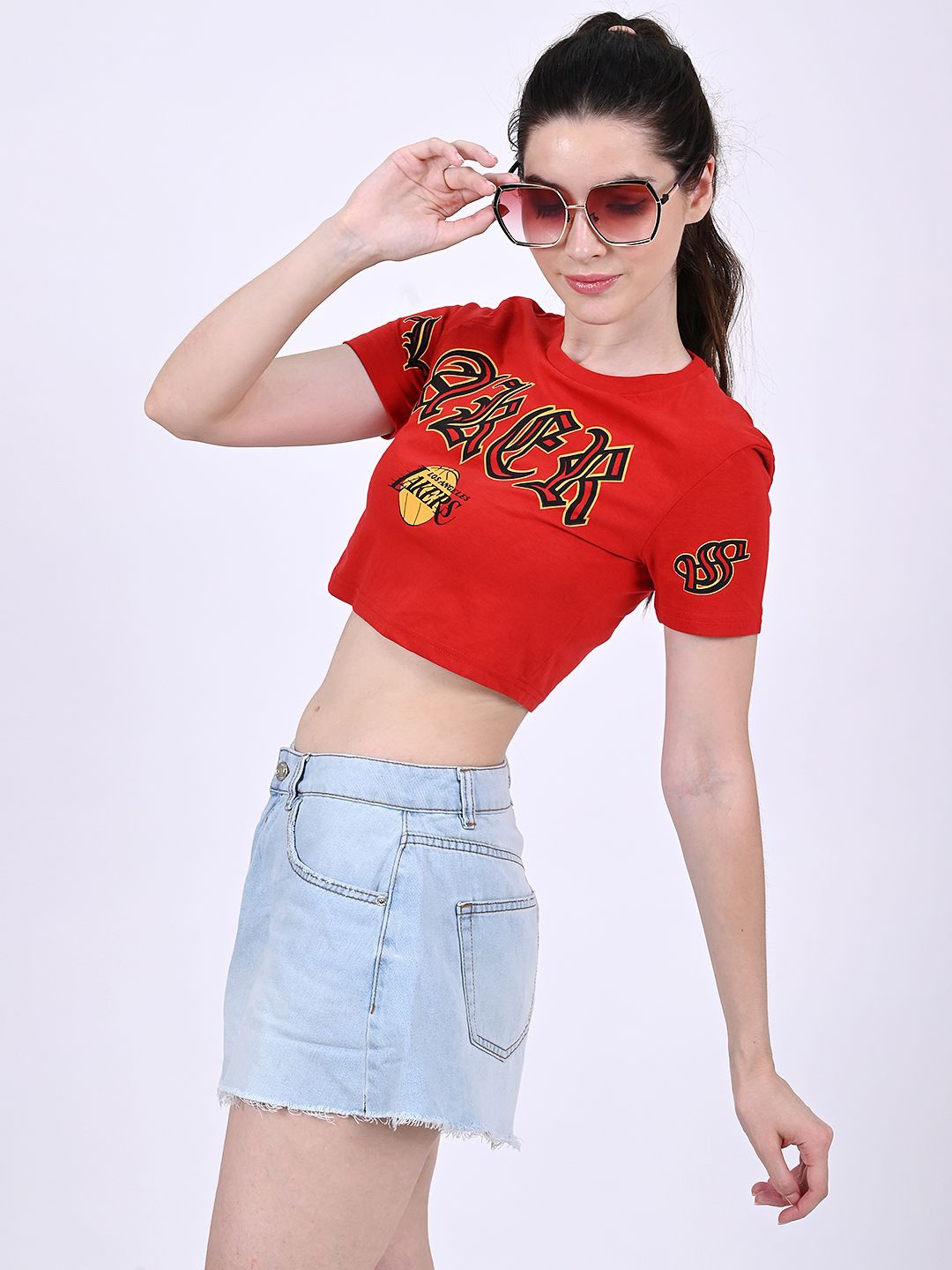 

NoBarr Typography Printed Round Neck Crop Top, Red