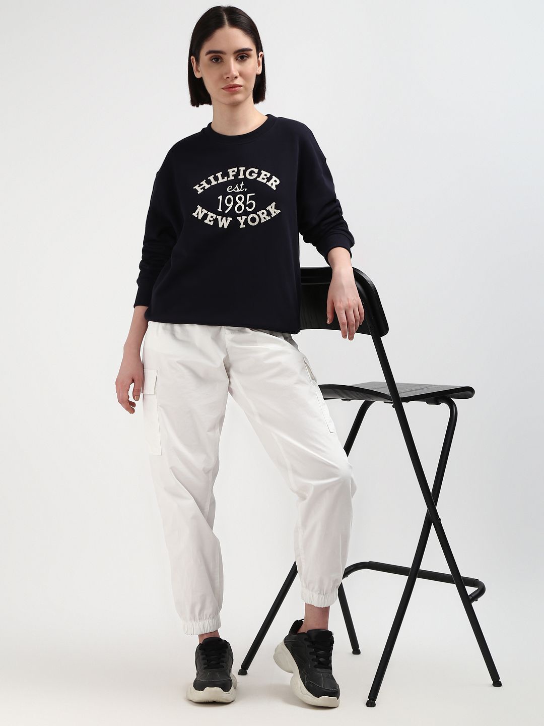 

Tommy Hilfiger Women Typography Printed Pure Cotton Sweatshirt, Navy blue