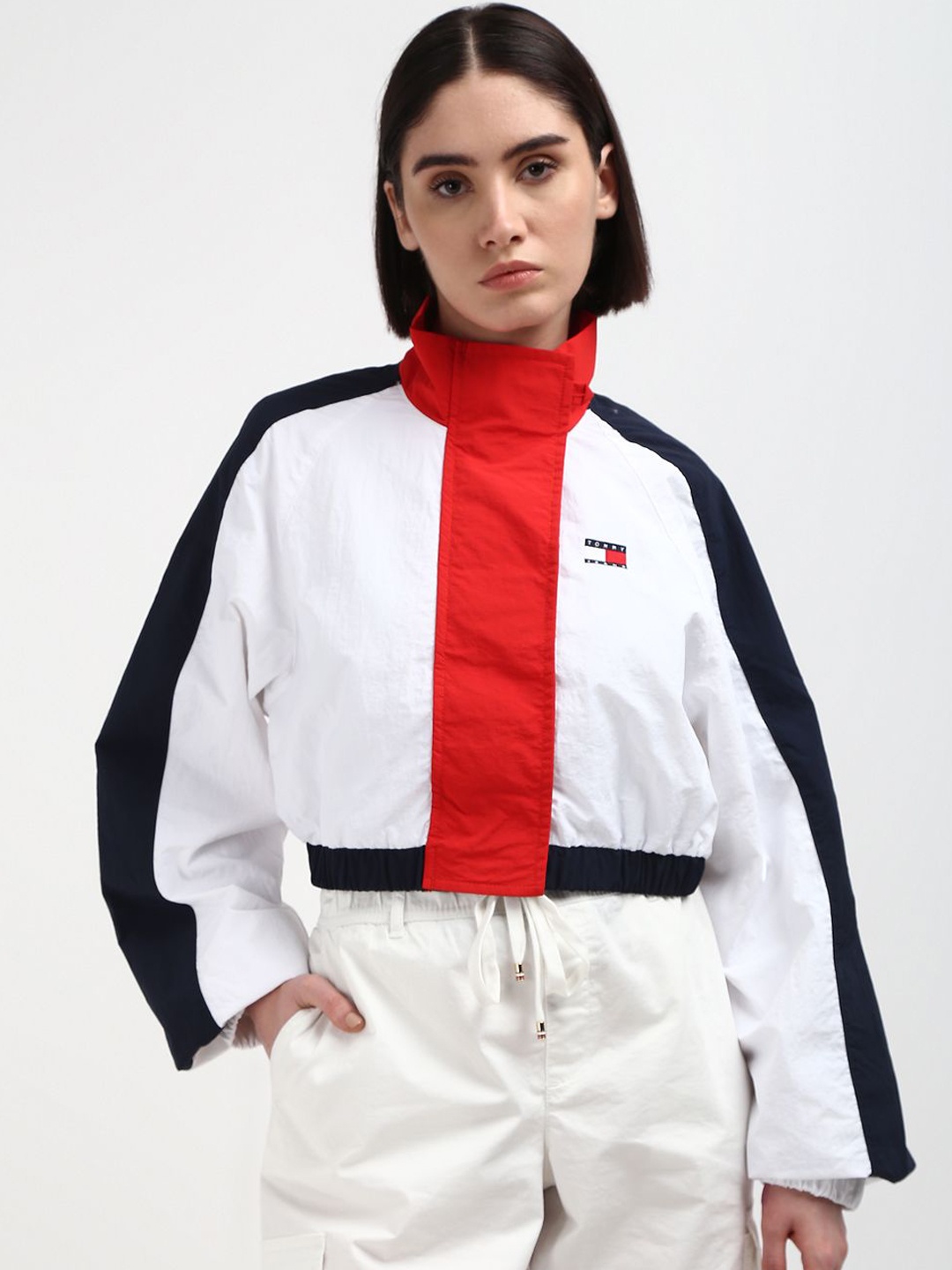 

Tommy Hilfiger Women Geometric Crop Sporty Jacket with Embroidered, White