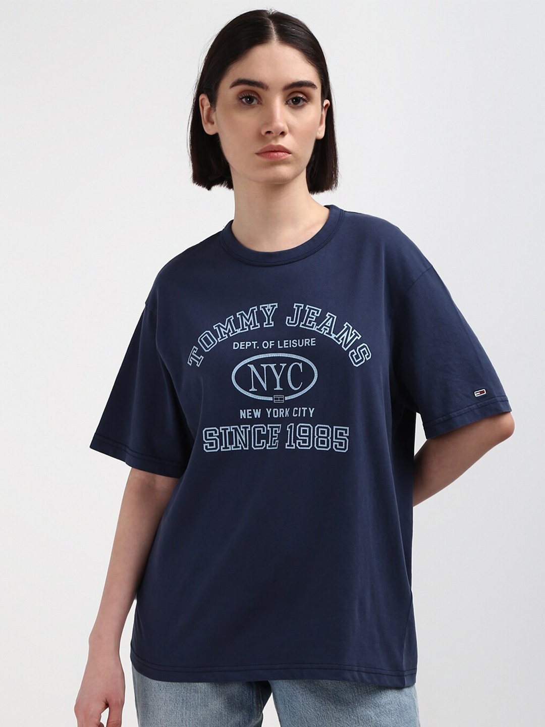 

Tommy Hilfiger Women Typography Printed Round Neck Pure Cotton T-shirt, Blue