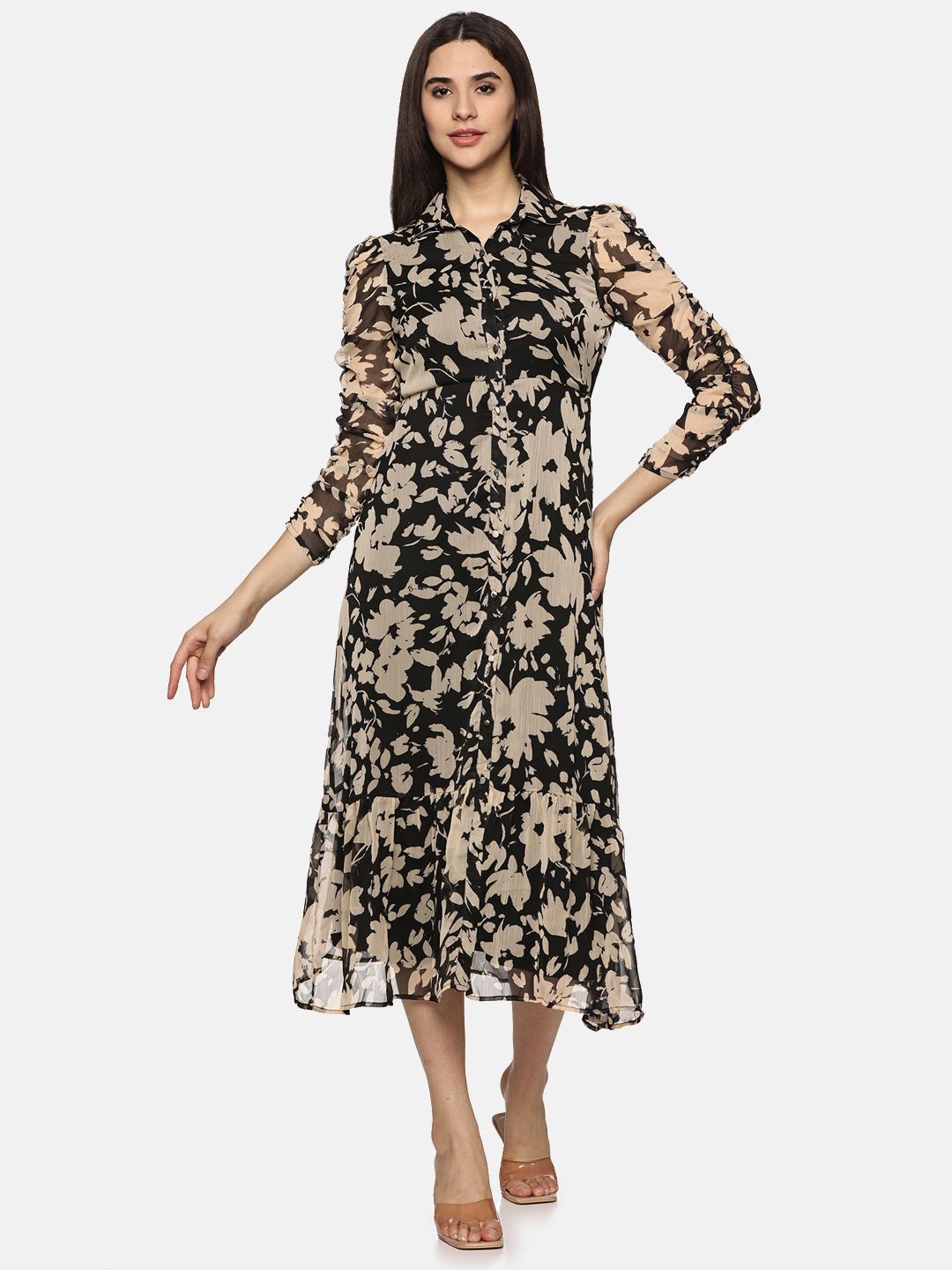 

ISU Floral Print Chiffon A-Line Midi Dress, Black