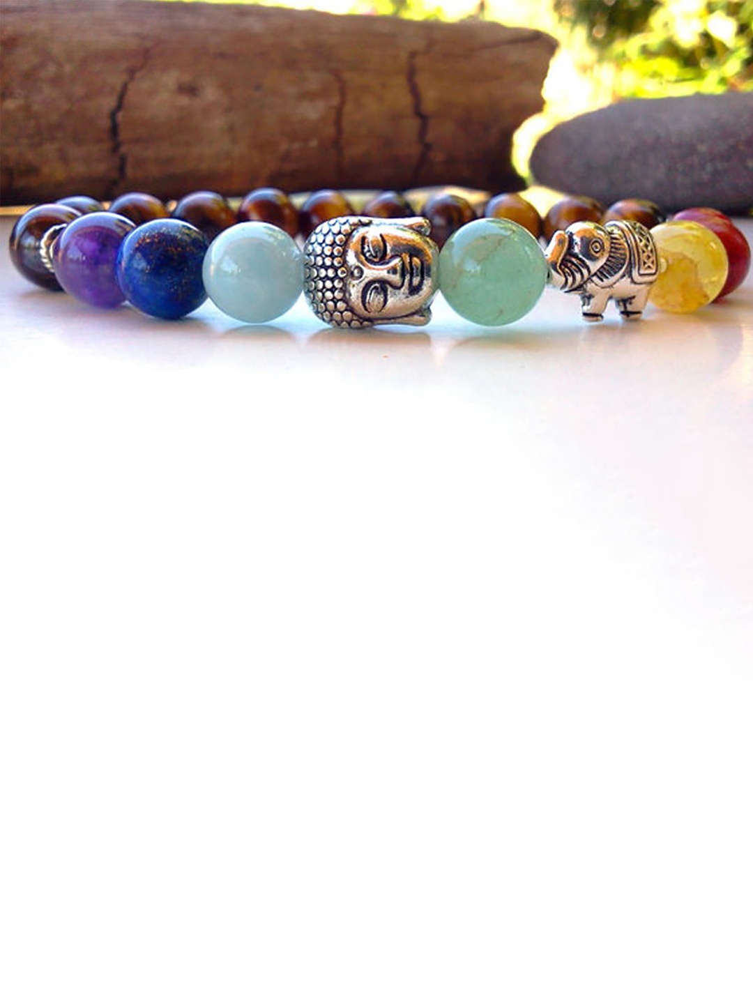 

Young & Forever 7 Chakra Tiger Eye Buddha Elephant Crystal Bads Bacelet, Brown