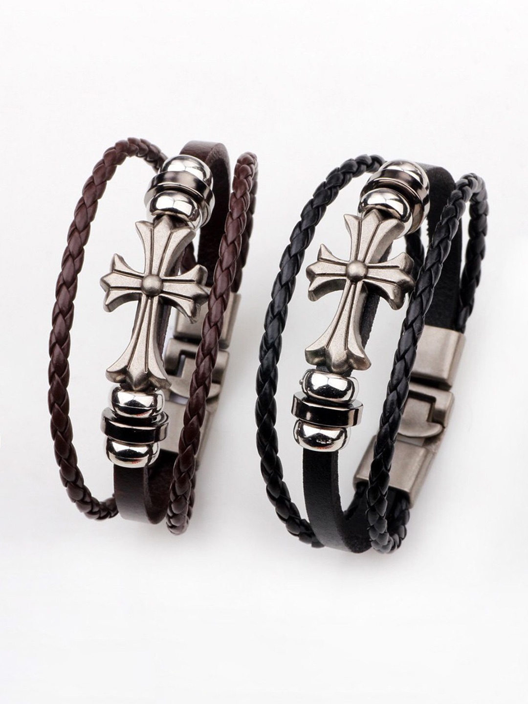 

Young & Forever Men Punk Style Silver Cross Leather Enamelled Wraparound Bracelet, Brown