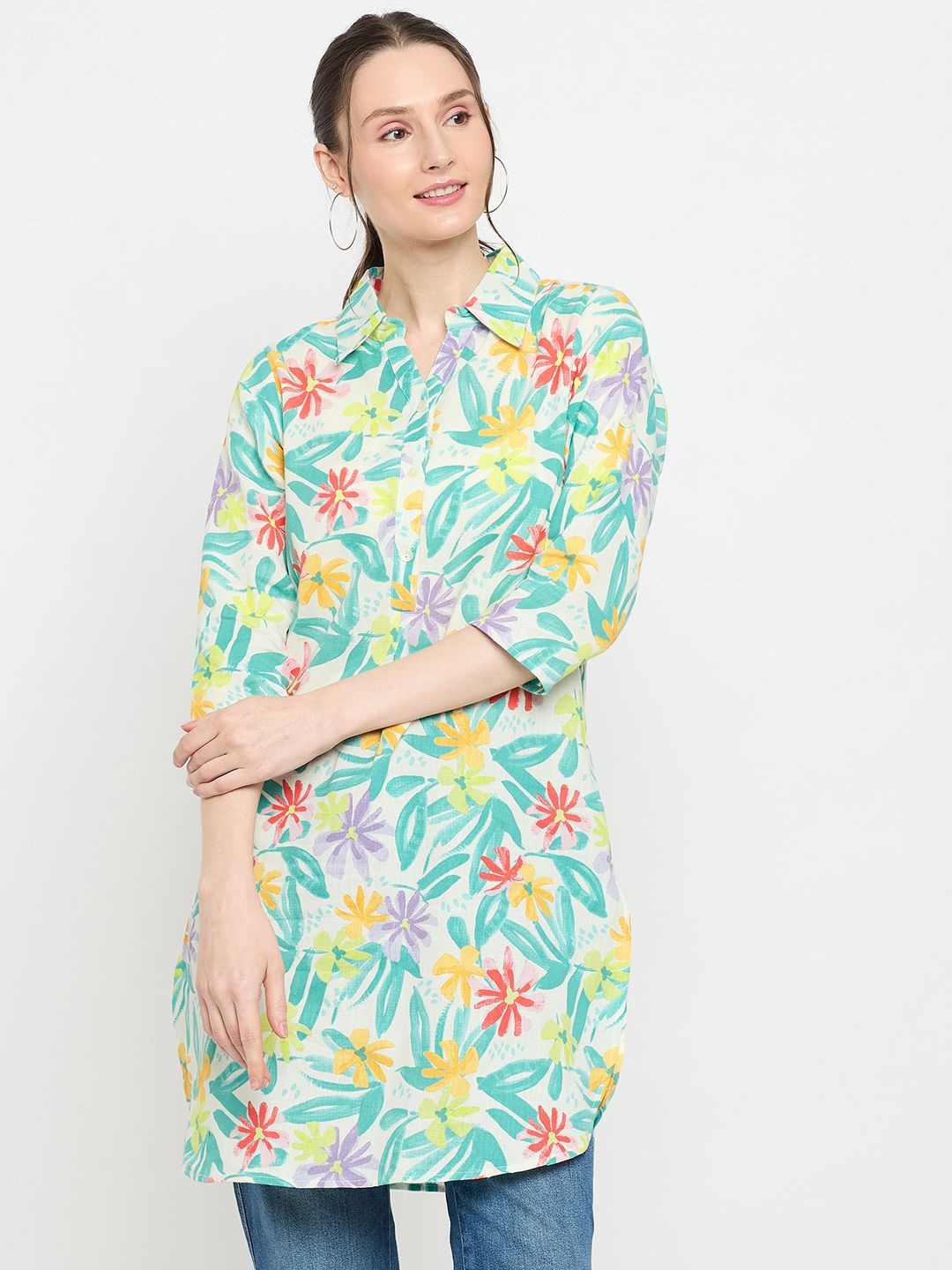 

BAESD Floral Printed Shirt Collar Tunic, Green