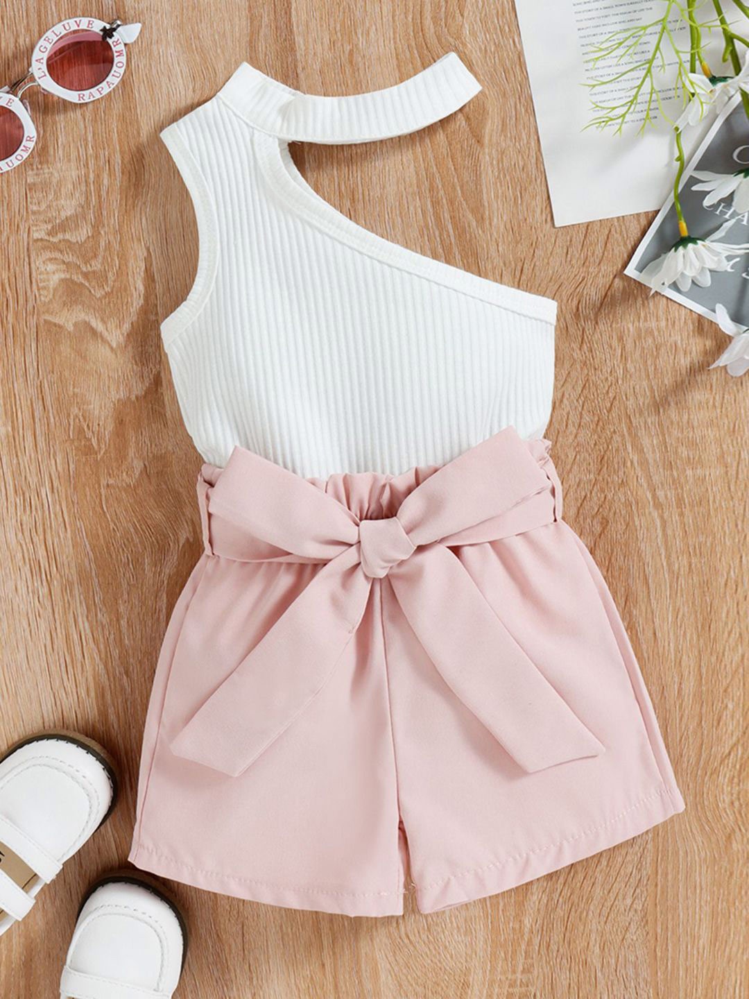 

INCLUD Girls One Shoulder Round Neck Top with Shorts, Pink