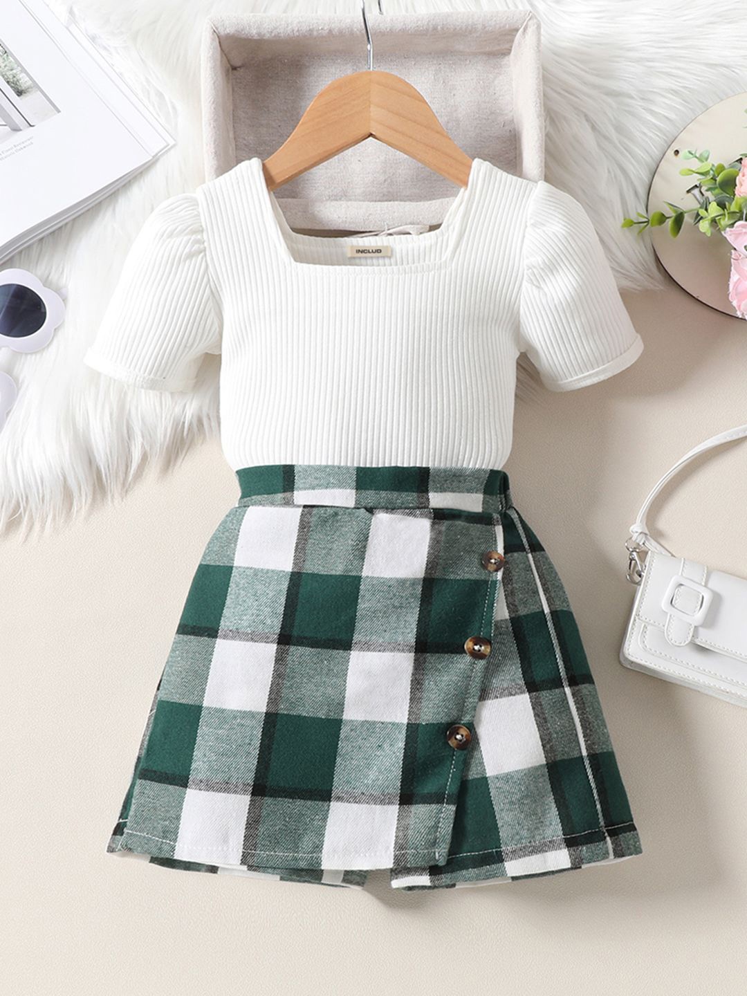 

INCLUD Girls Short Sleeve Square Neck Ribbed Top & Plaid Shorts, Green
