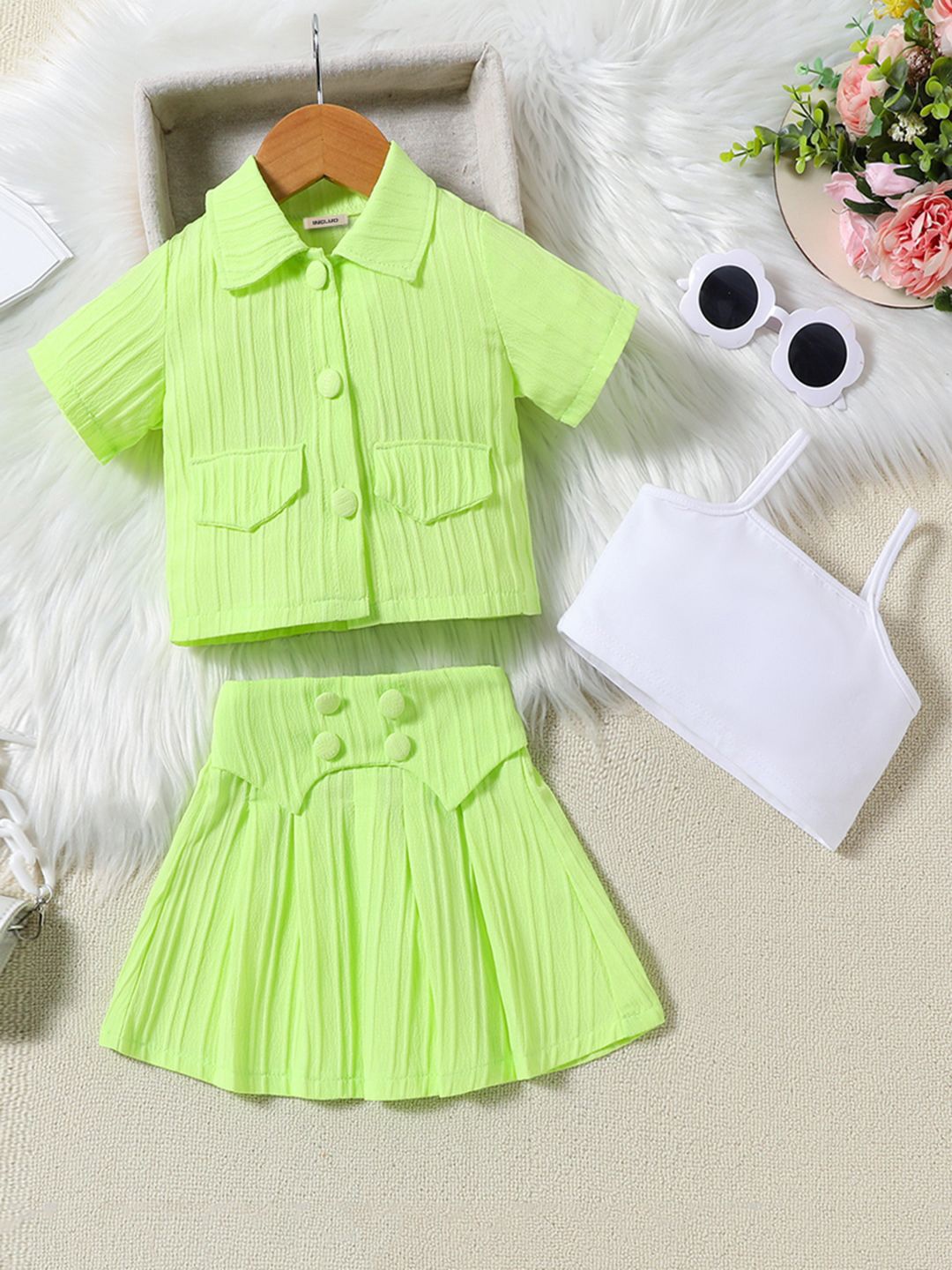 

INCLUD Girls Self design Top with Skirt & Shirt, Green