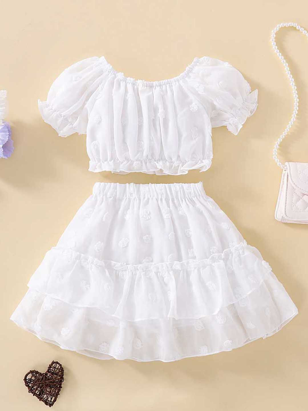 

INCLUD Girls Self Design Off-Shoulder Short Sleeves Top & Skirt, White