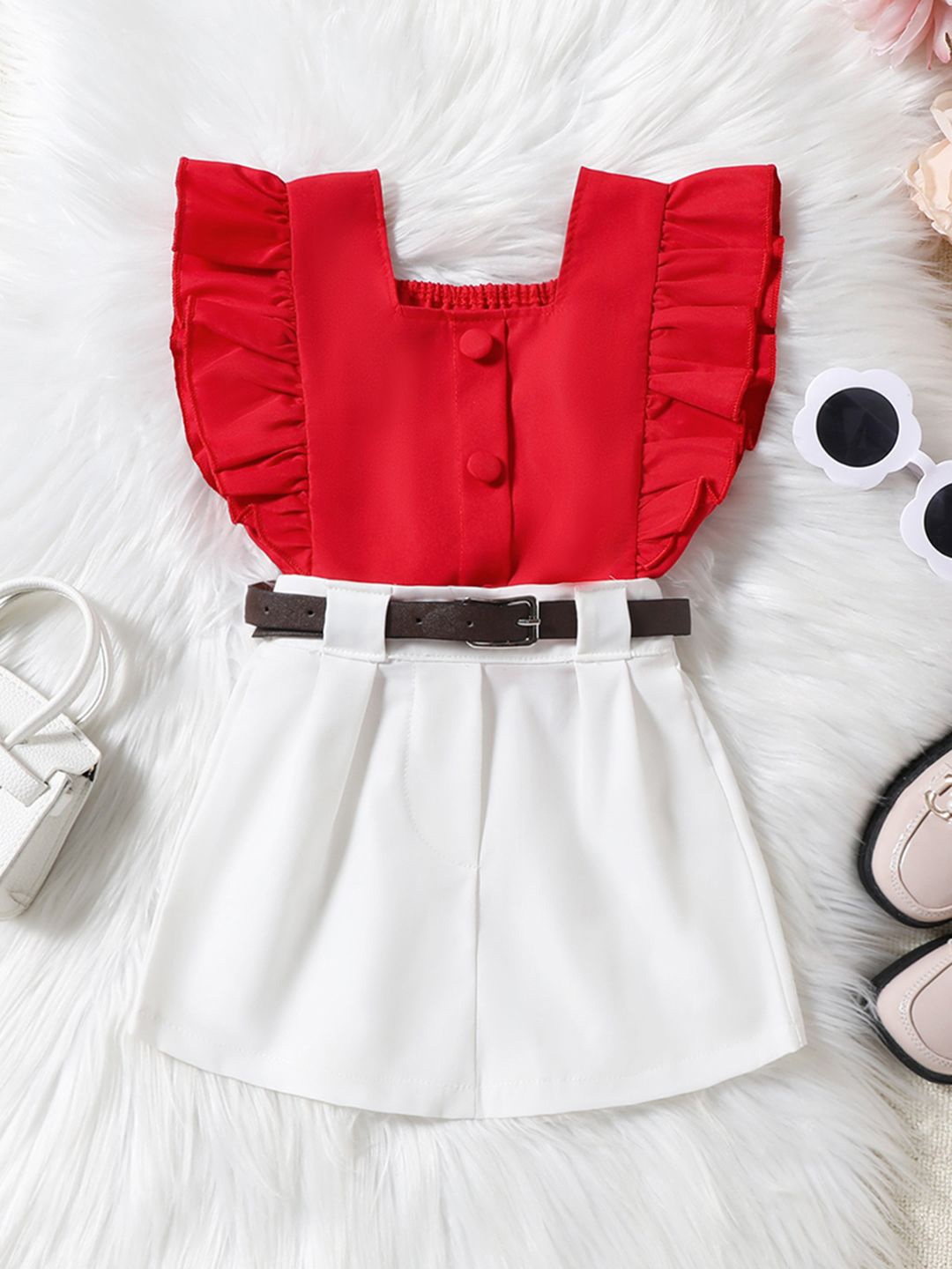 

INCLUD Girls Square Neck Flutter Sleeves Top With Belted Shorts, Red