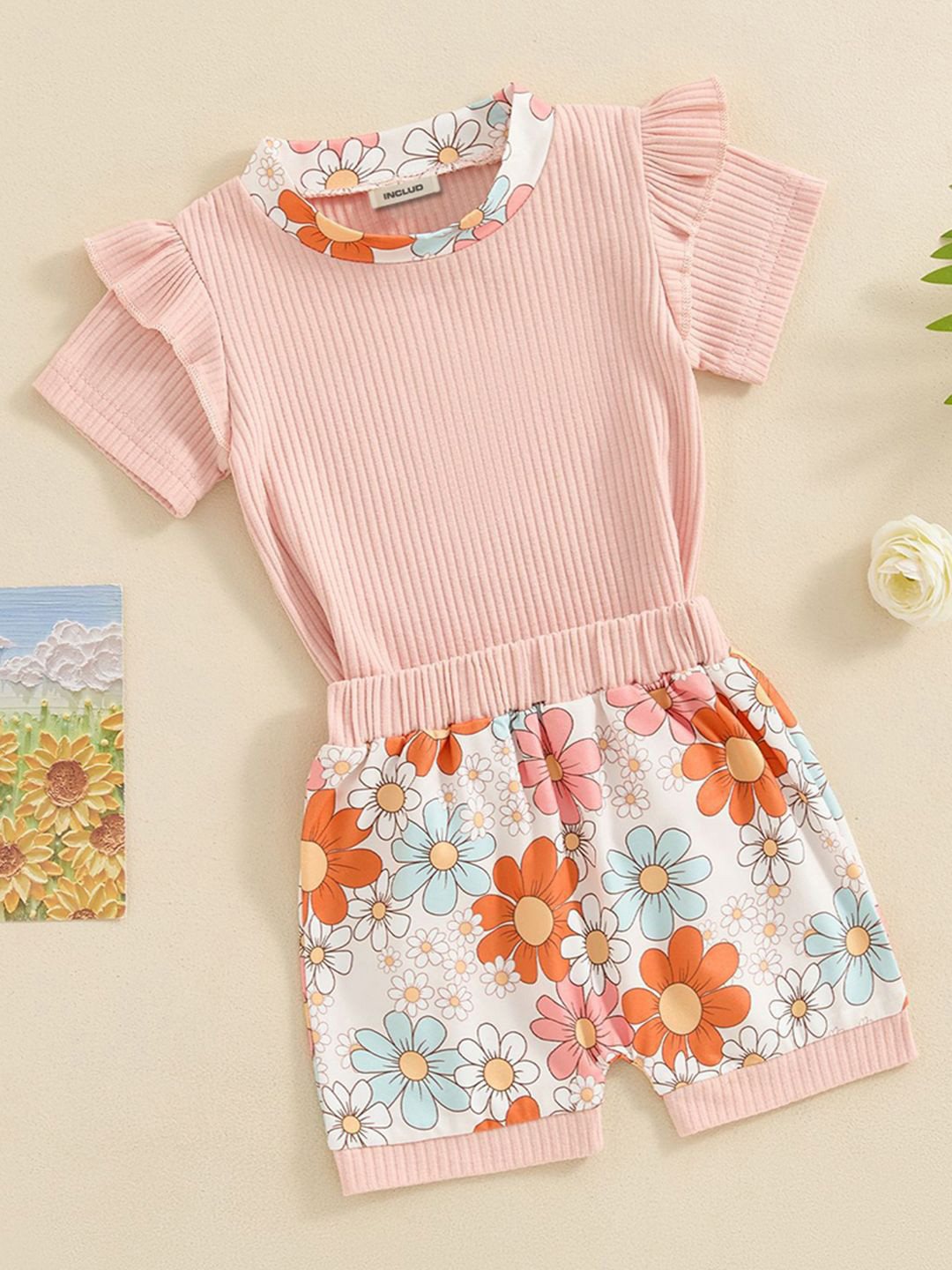 

INCLUD Girls Striped Self Design Round Neck Top With Floral Shorts, Pink