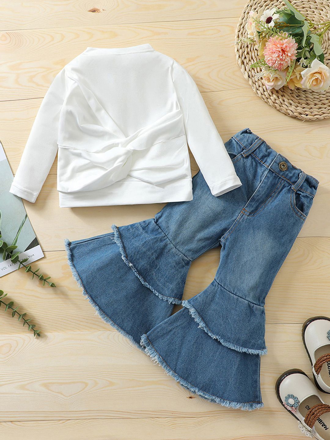 

INCLUD Girls Round Neck Twisted Top With Raw Edged Flared Denim Jeans, White