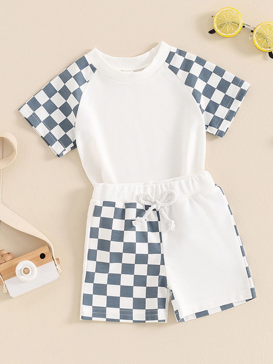 

INCLUD Boys Checkered Printed Short Sleeves Casual T-shirt With Shorts, Blue