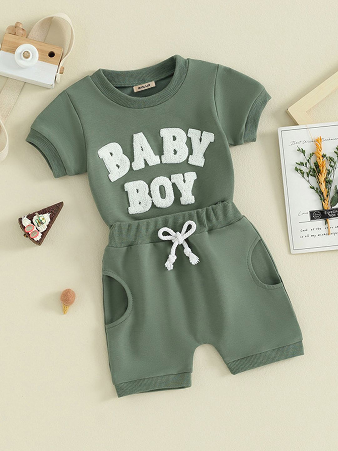 

INCLUD Boys Embroidered Printed Round Neck T-shirt & Shorts, Olive