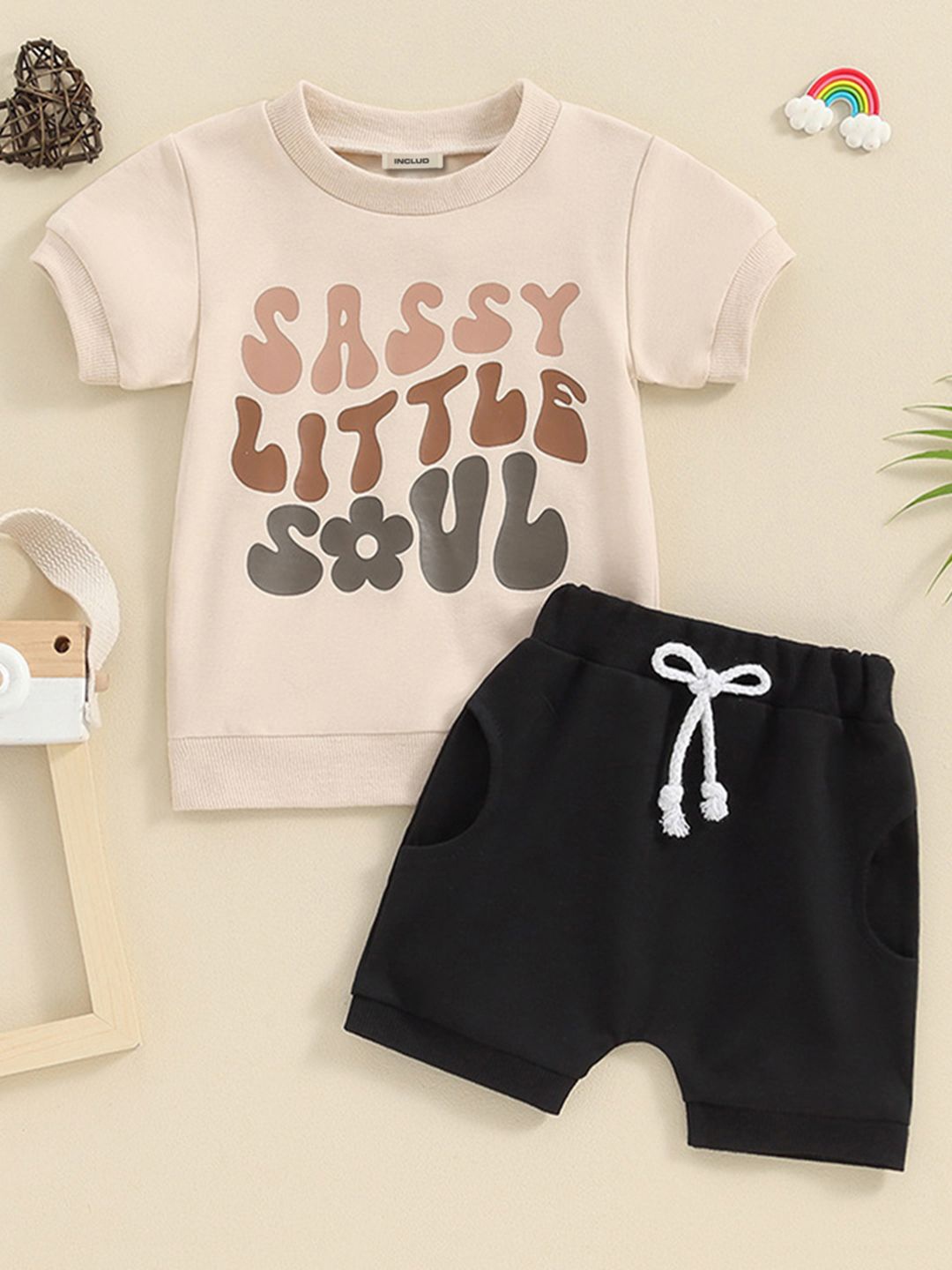 

INCLUD Boys Printed T-shirt with Shorts, Beige