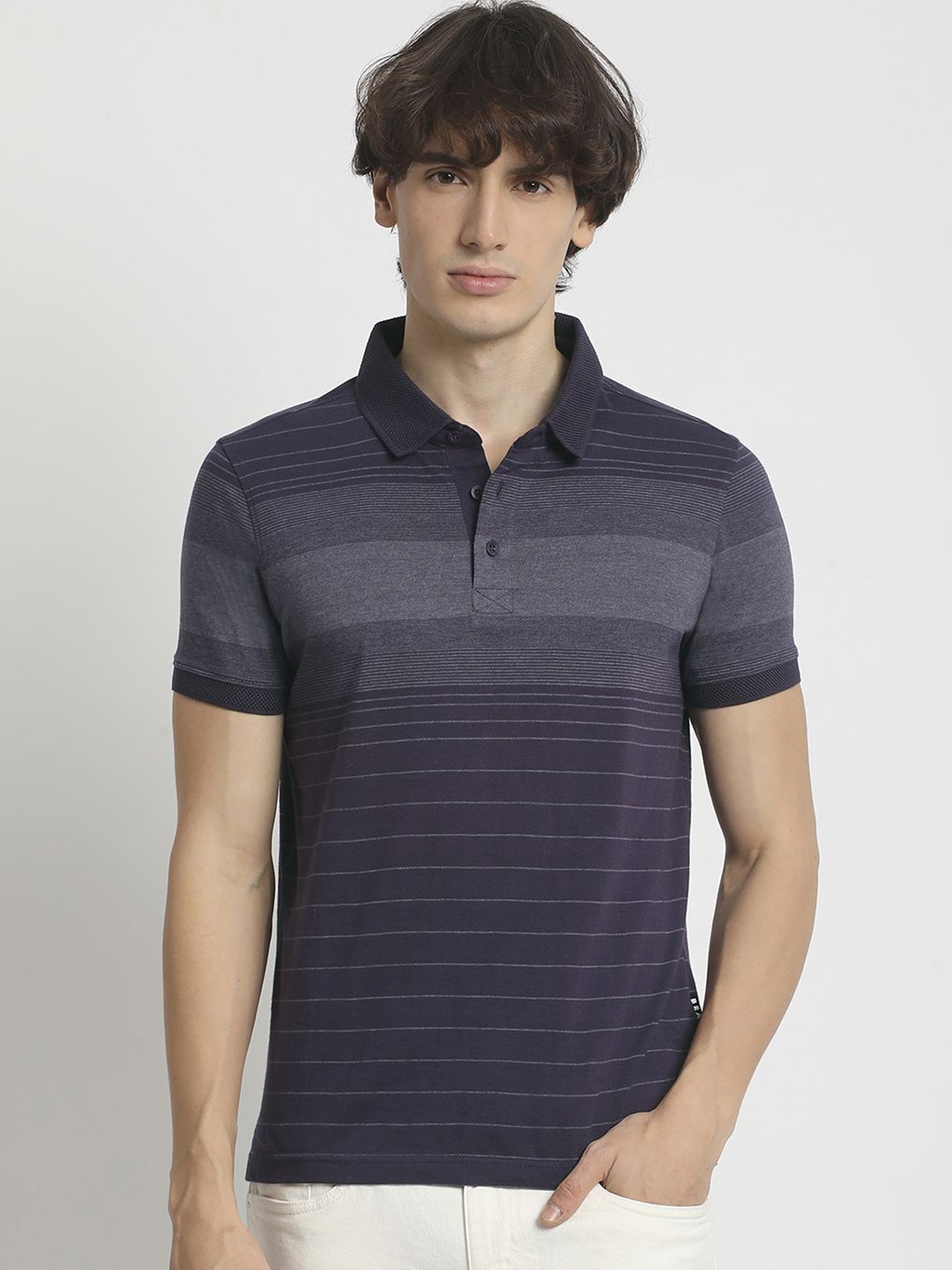 

The Bear House Men Striped Polo Collar Slim Fit Tshirt, Purple