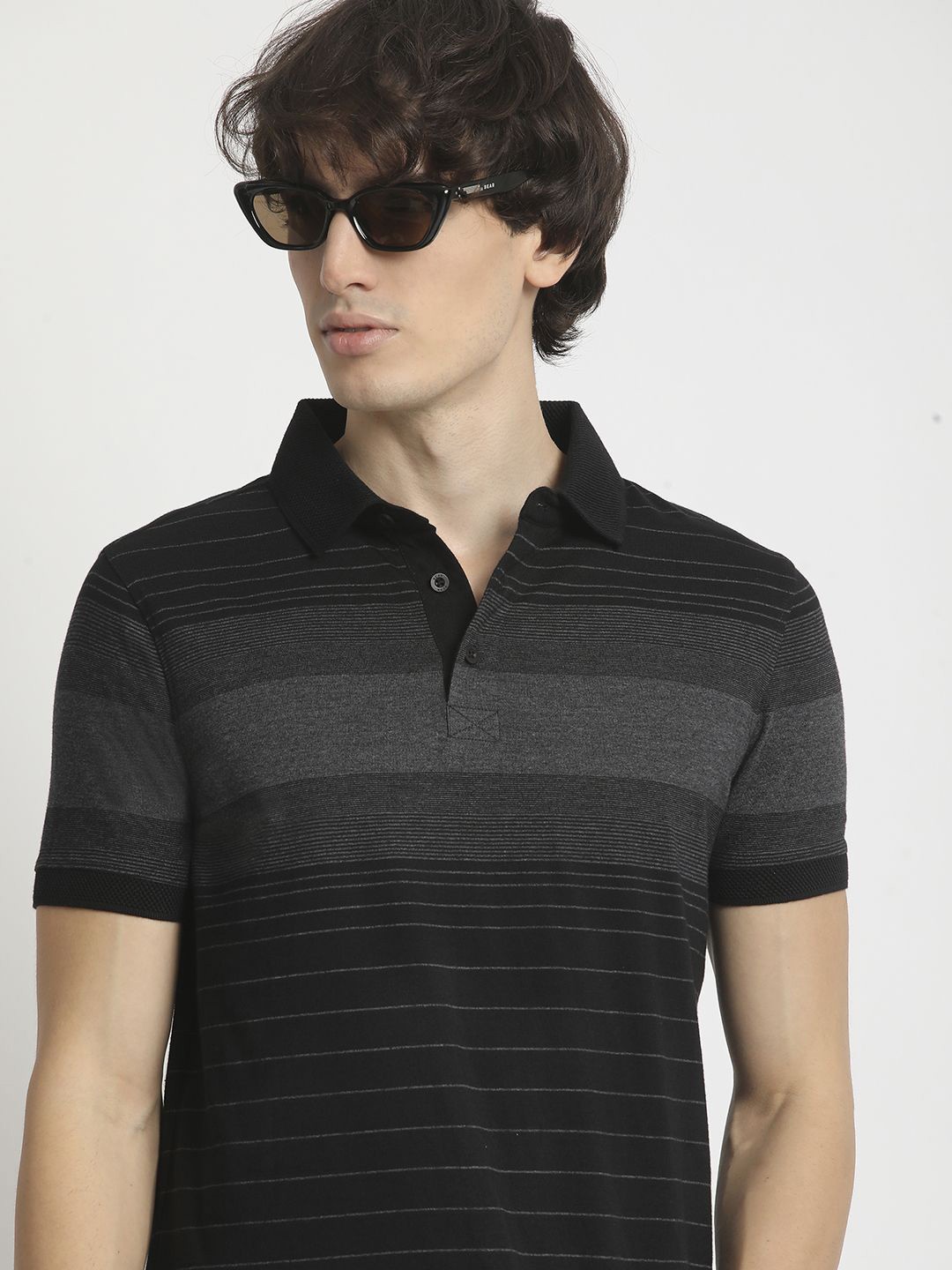 

The Bear House Men Striped Polo Collar Slim Fit Tshirt, Black