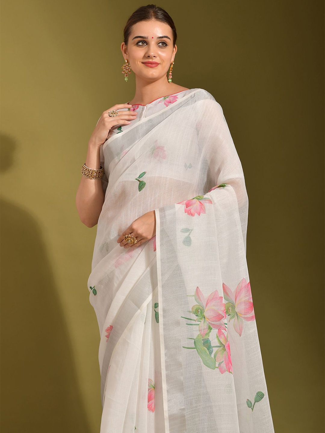 

Mitera Floral Zari Saree, White