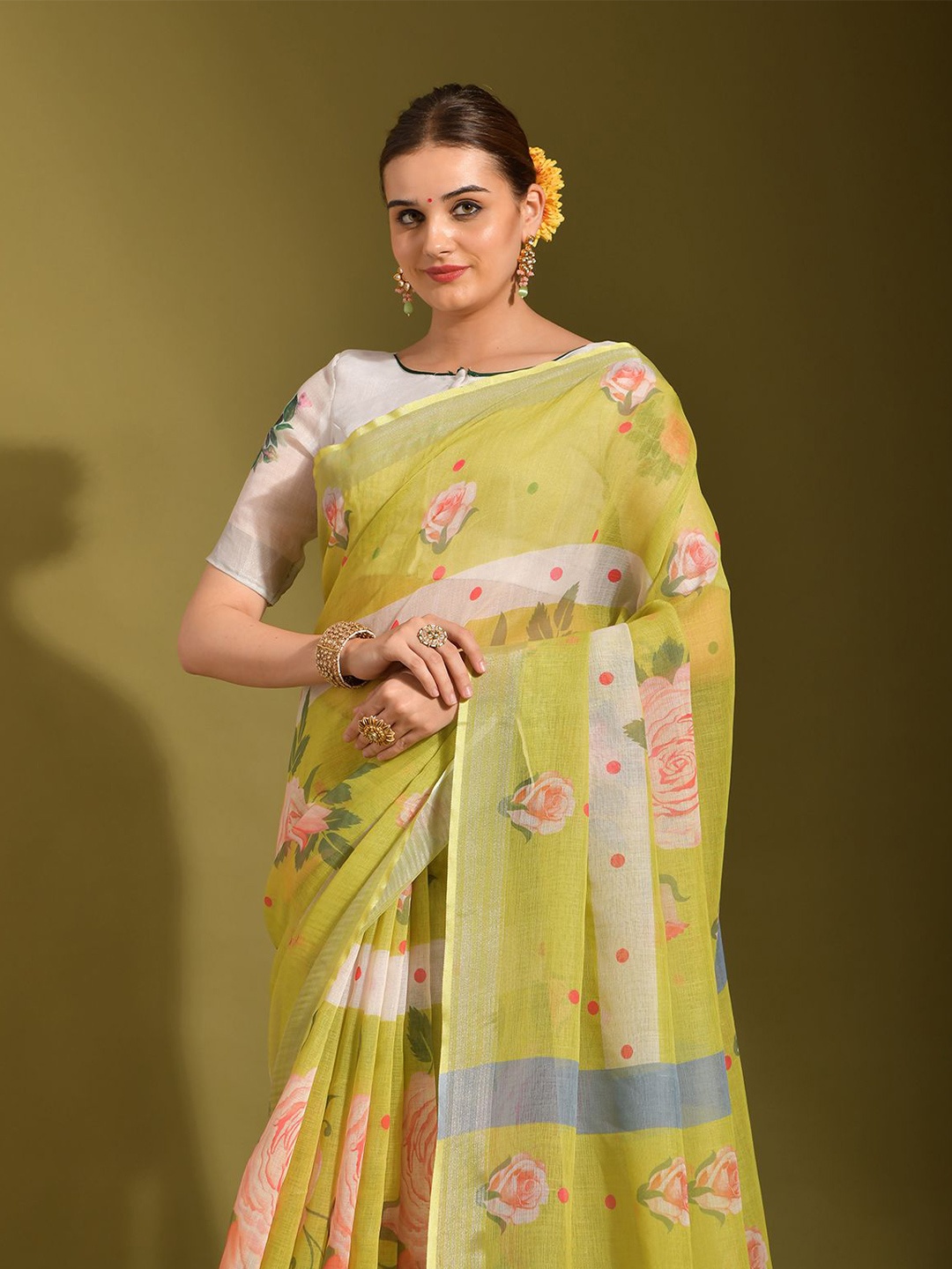 

Mitera Floral Zari Saree, Lime green