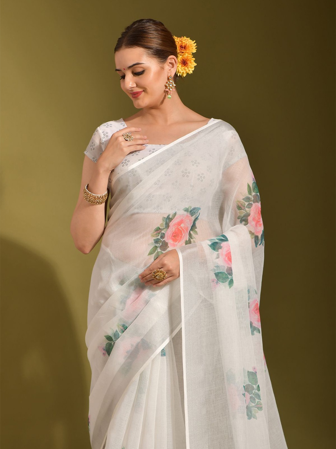 

Mitera Floral Zari Linen Blend Saree, White