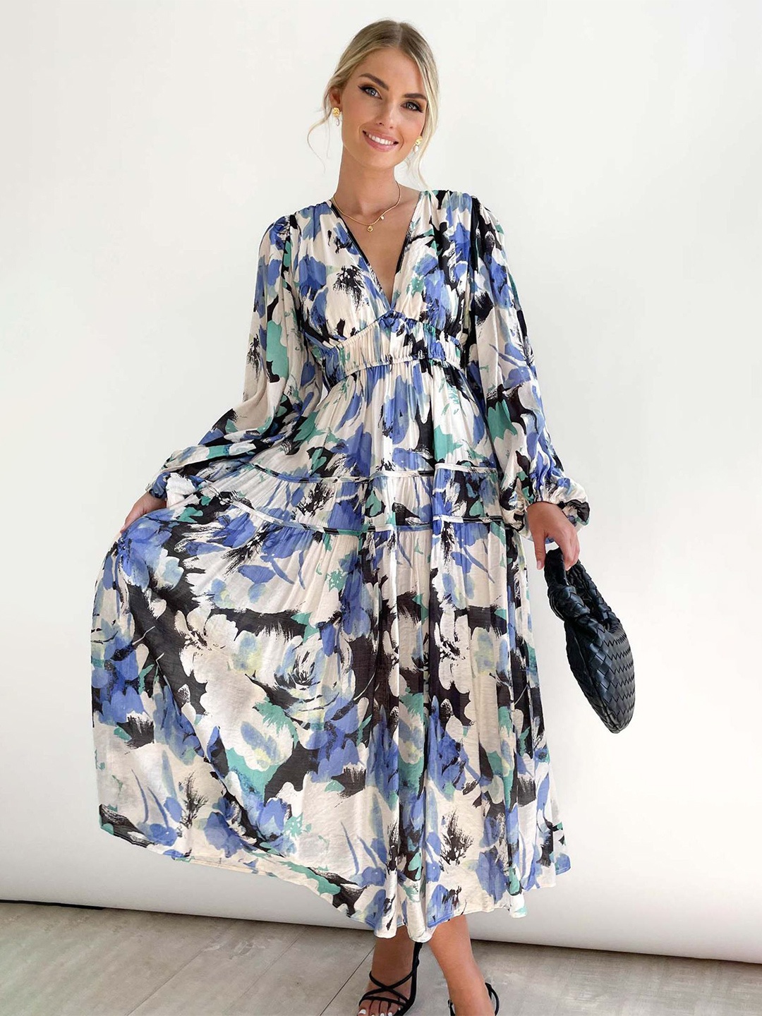

LULU & SKY Floral Print Flared Sleeve Maxi Dress, Blue