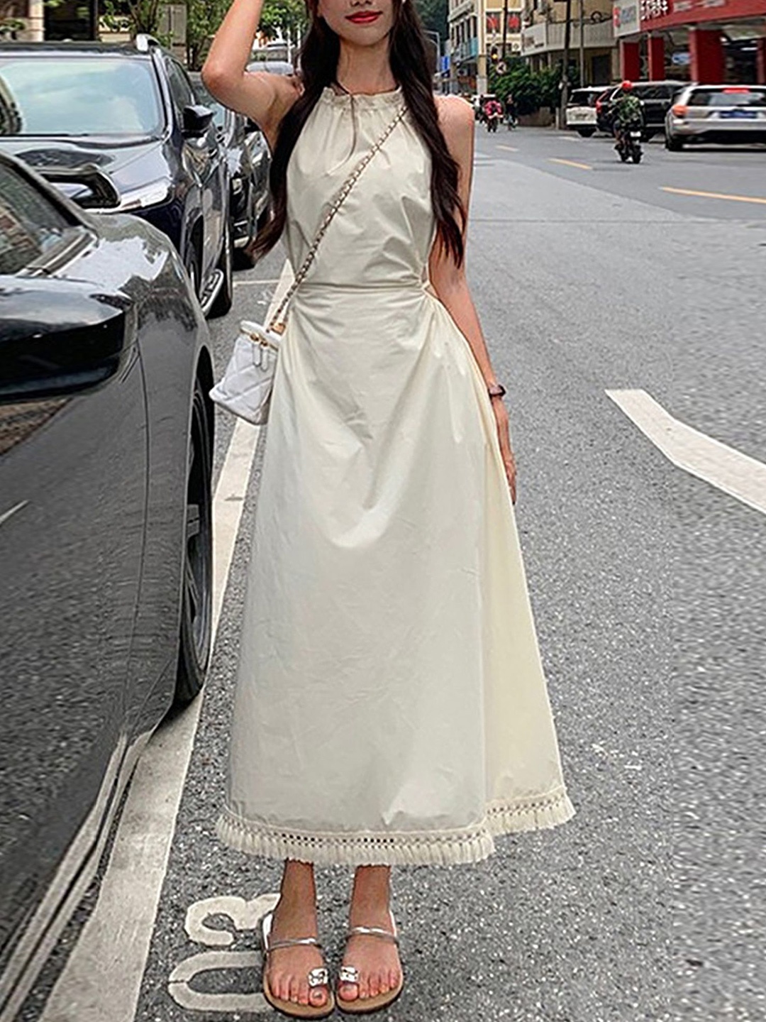 

LULU & SKY Halter Neck Maxi Dress, Beige