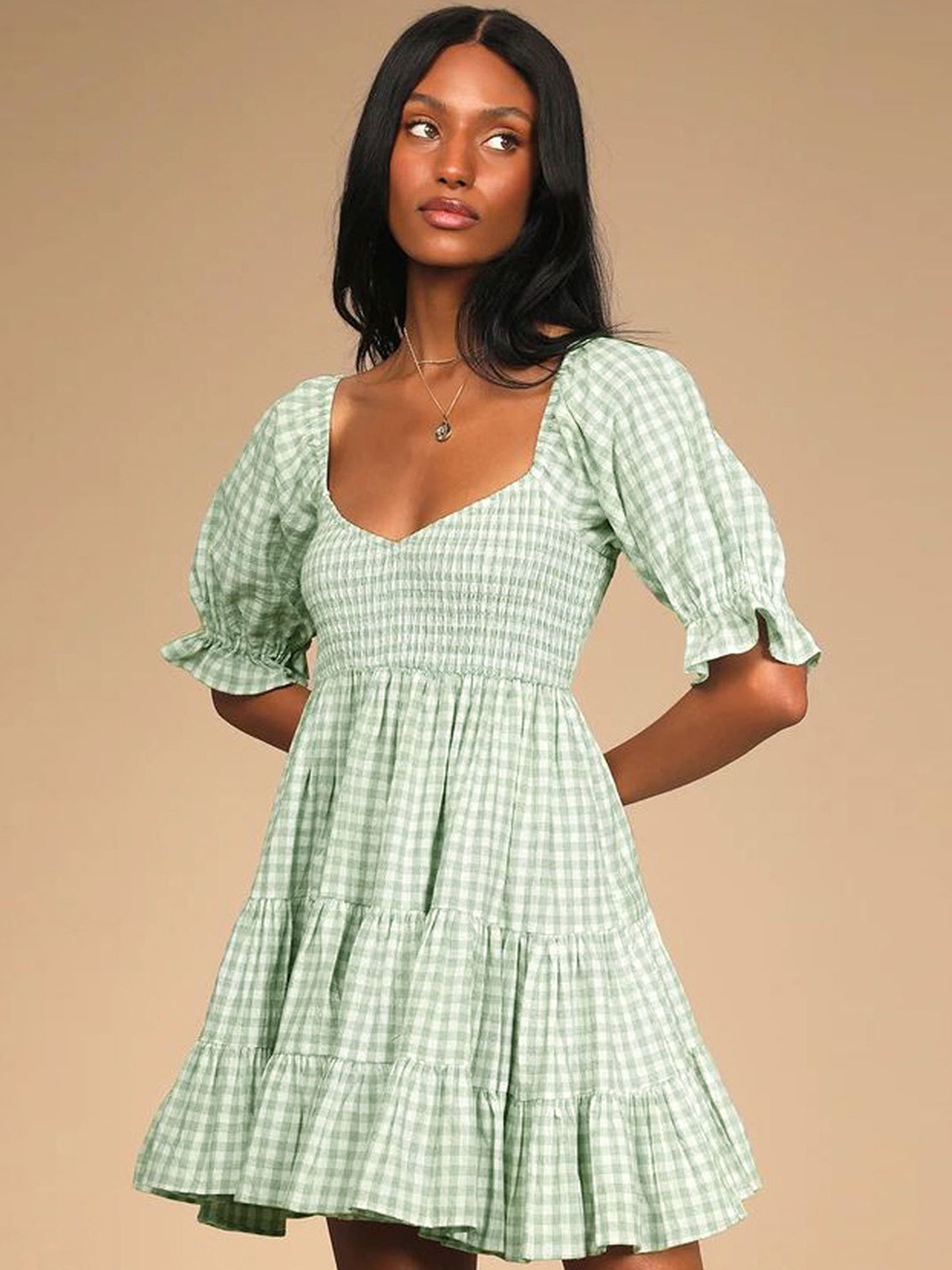 

LULU & SKY Checked Puff Sleeves Fit & Flare Dress, Green