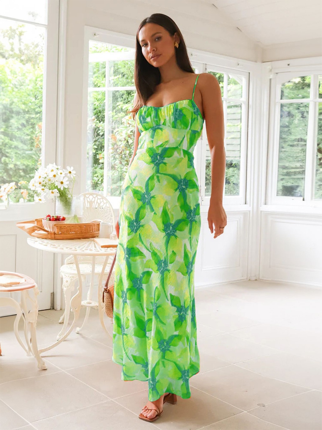 

LULU & SKY Tropical Print Flutter Sleeve Maxi Dress, Green