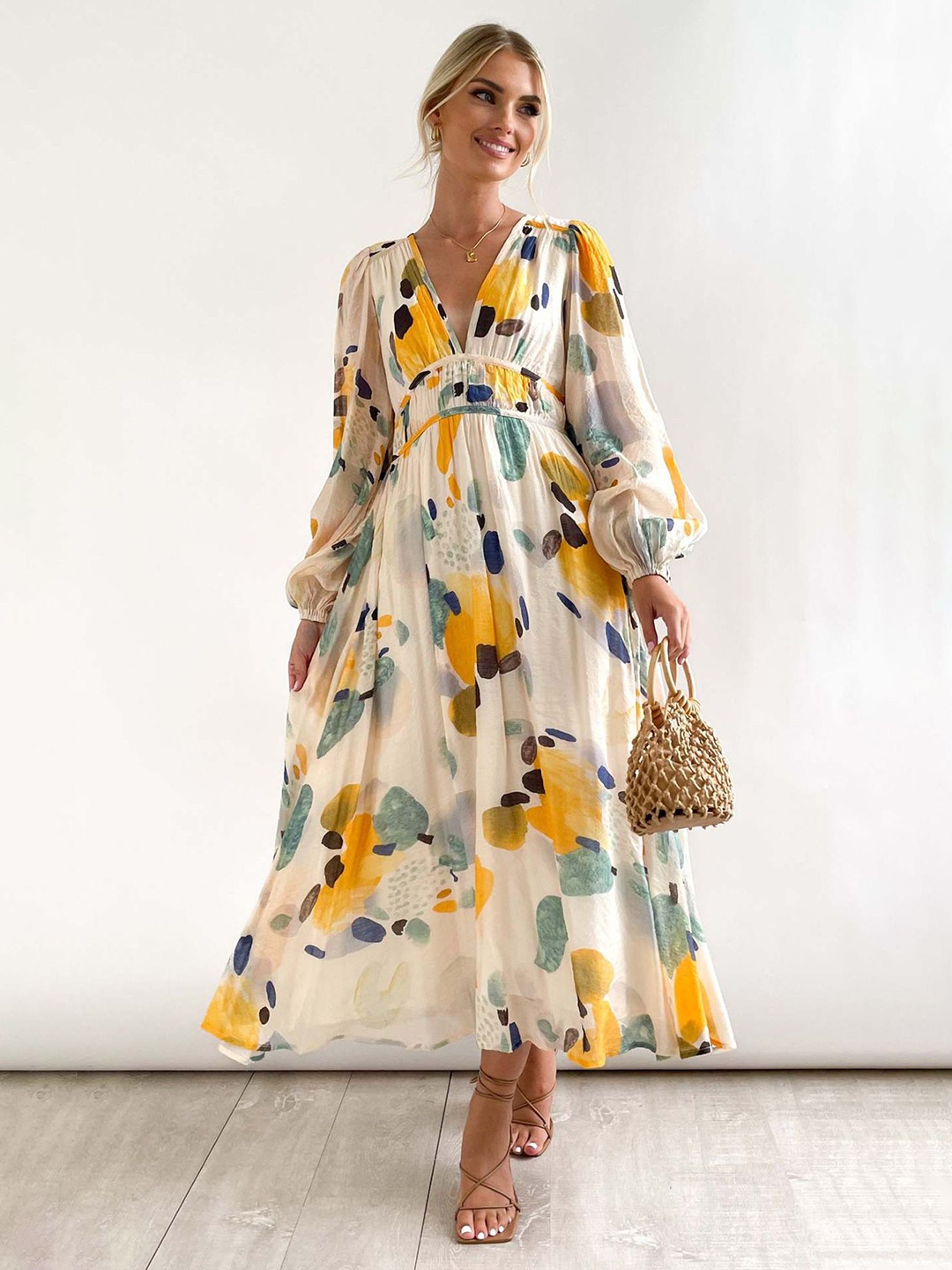 

LULU & SKY Floral Print Tie-Up Neck Bell Sleeve Maxi Dress, Yellow