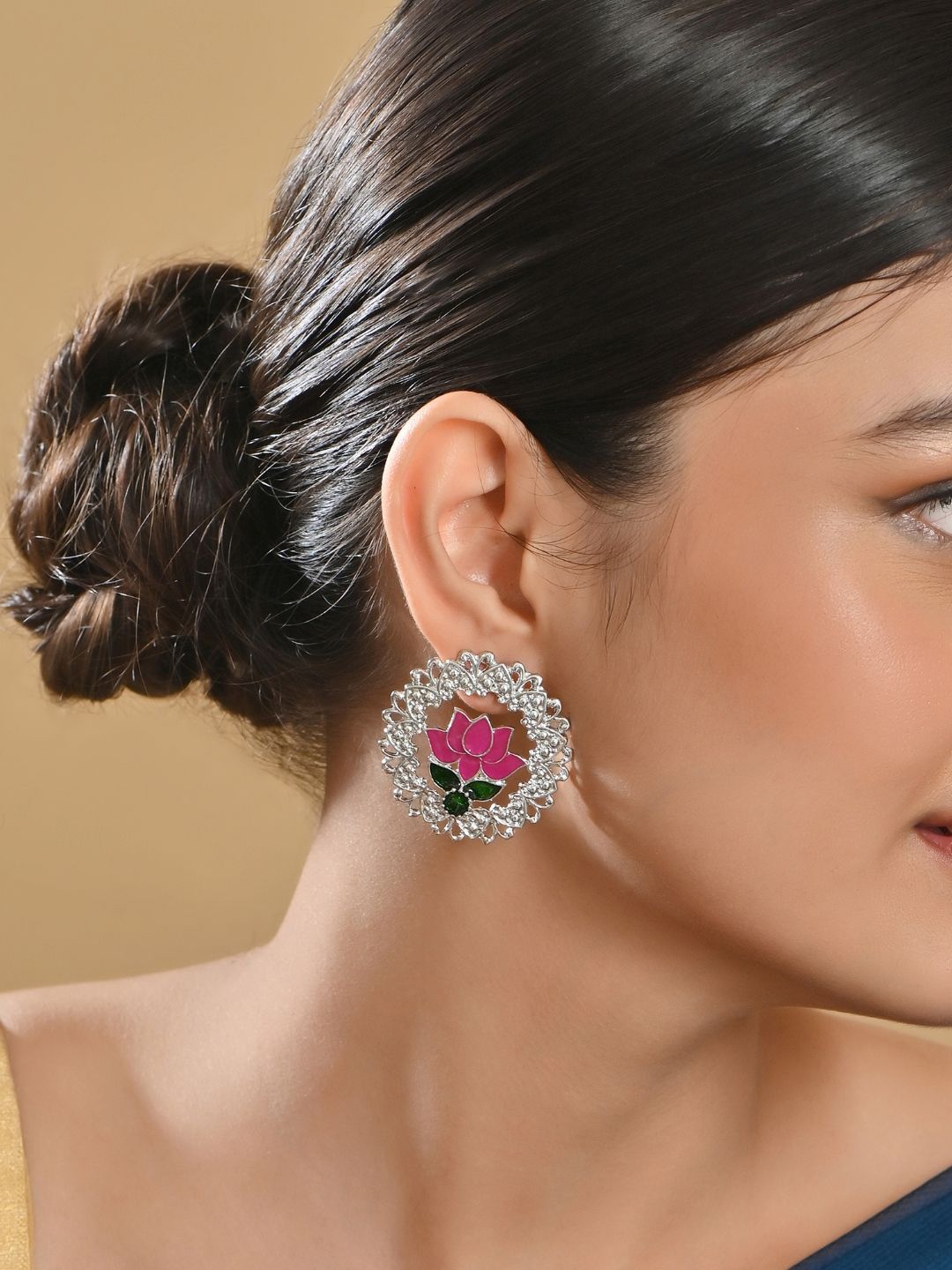 

Fida Artificial Stones and Beads Silver Plated Meenakari Floral Studs Earrings