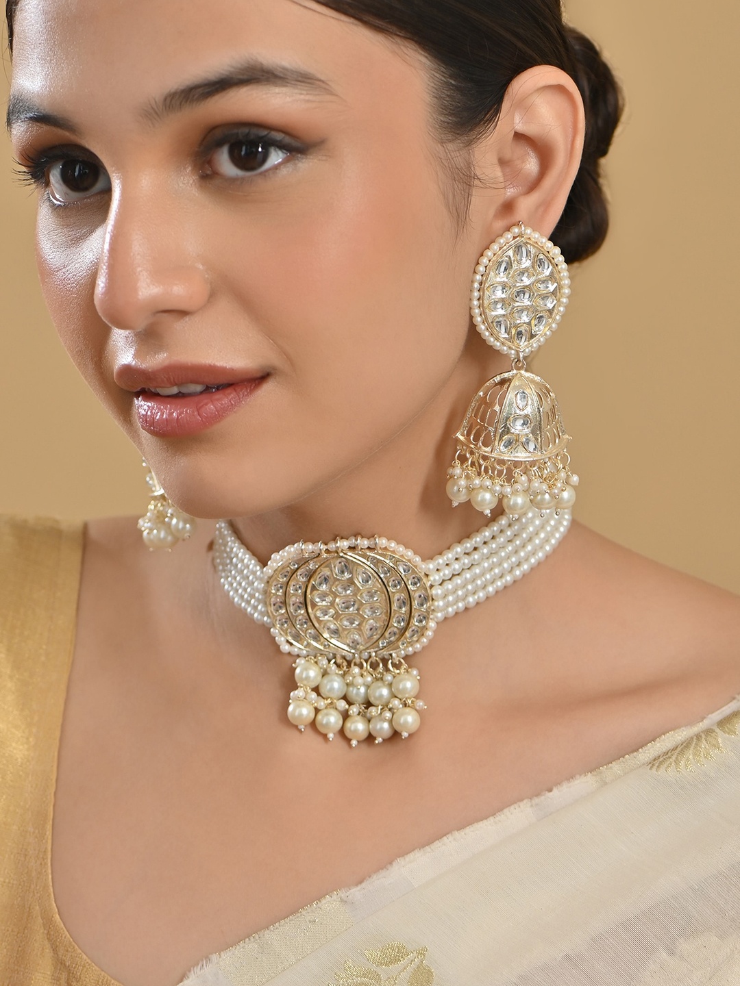 

Fida Gold-Plated Kundan-Studded Pearl-Beaded Necklace and Earrings