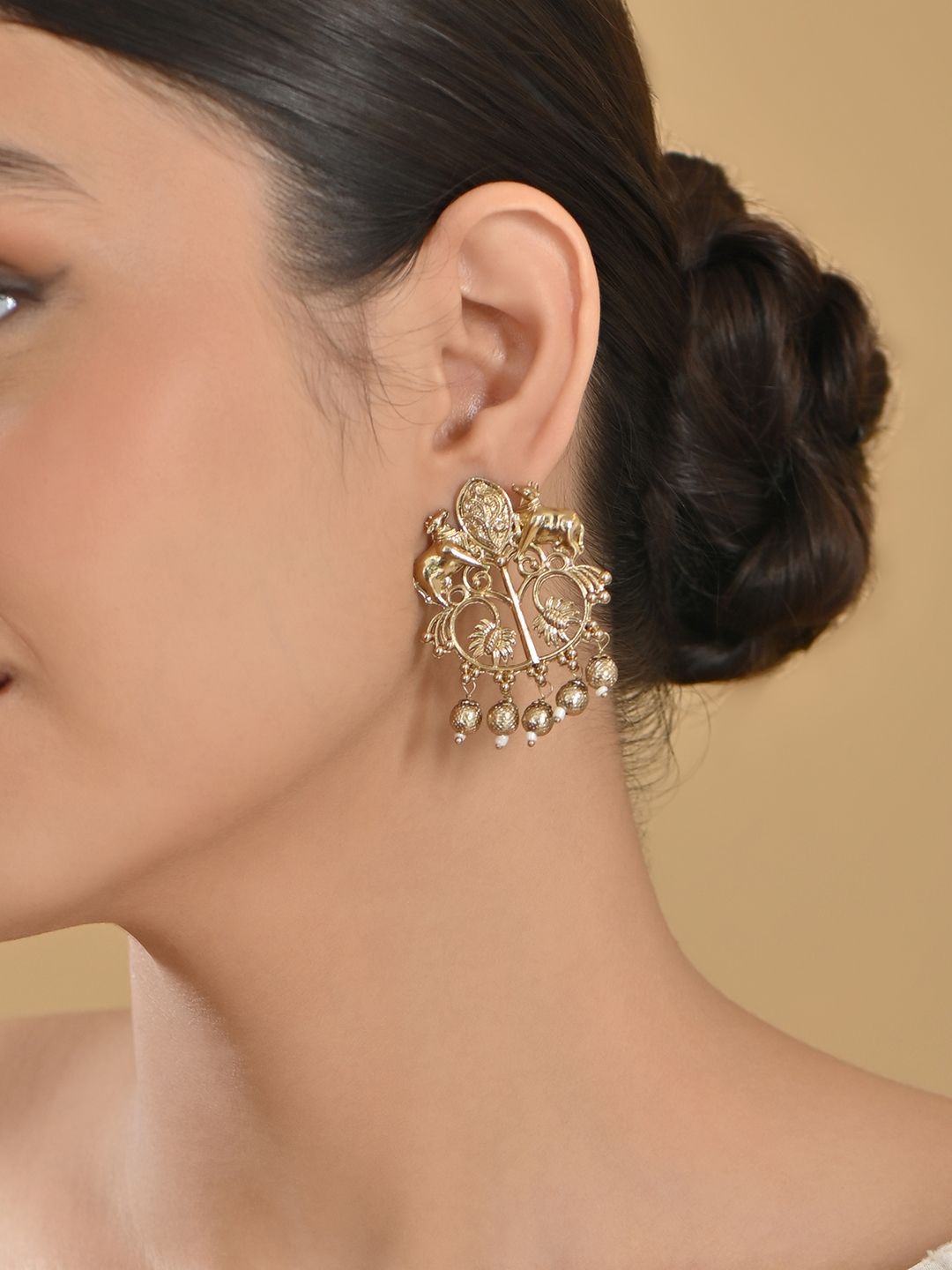 

Fida Gold Plated Artificial Beads Temple Drop Earrings