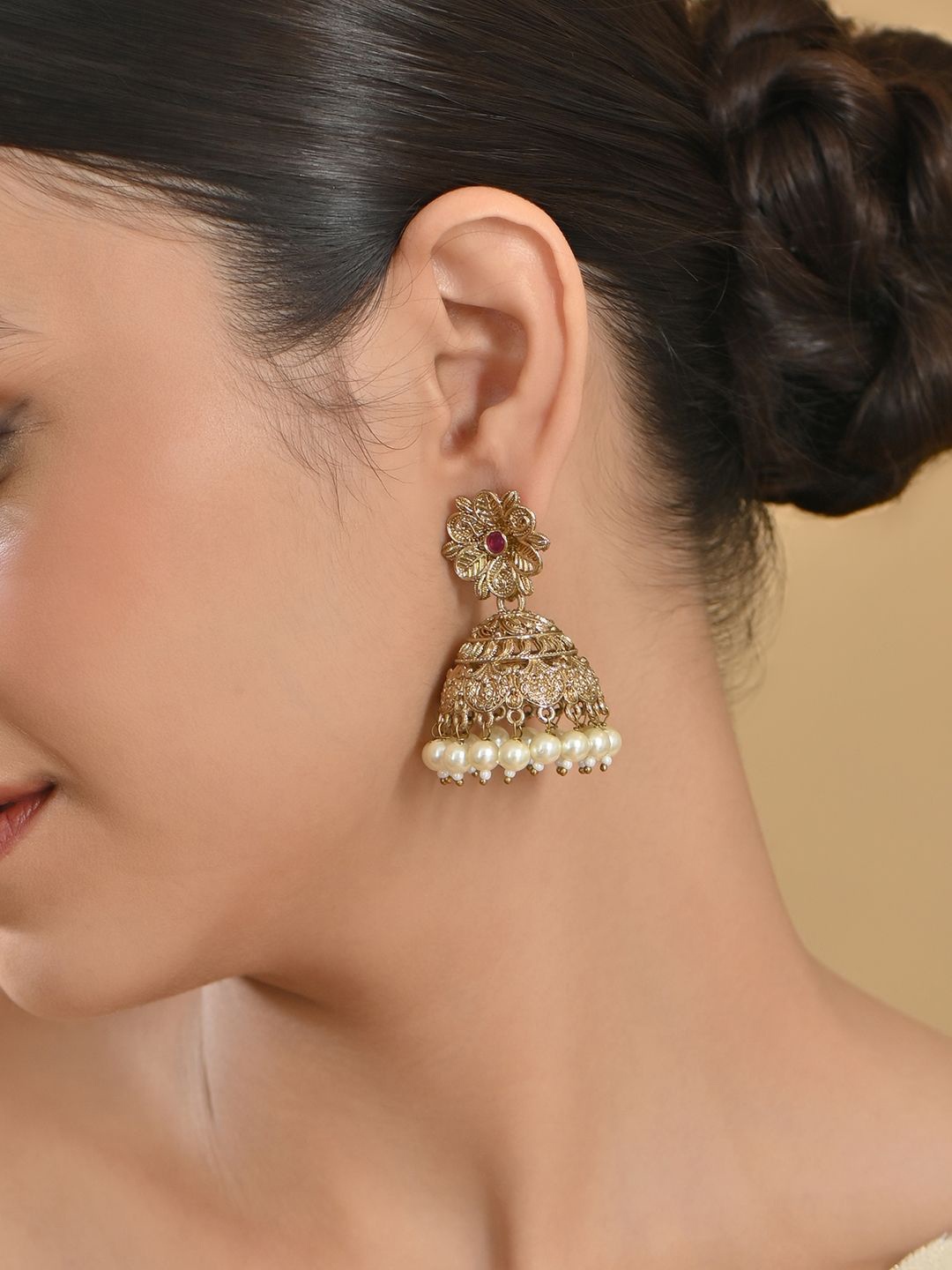 

Fida Gold Plated Artificial Beads Dome Shaped Temple Jhumkas