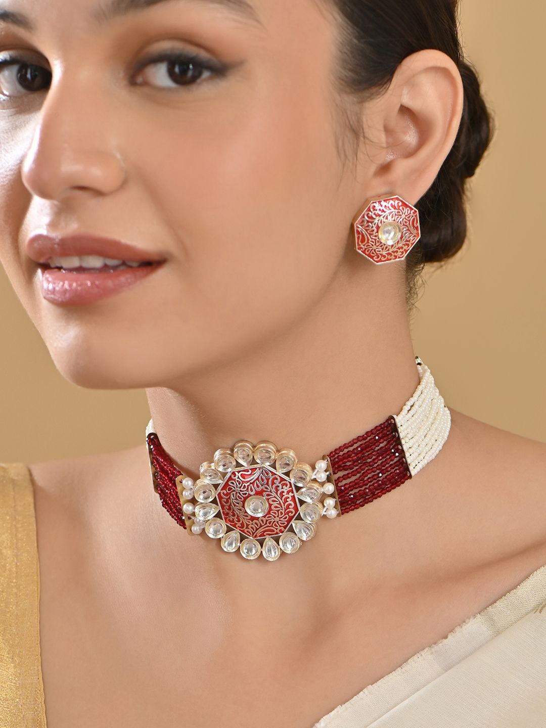 

Fida Gold-Plated Pearl-Beaded & Kundan Studded Jewellery Set, White