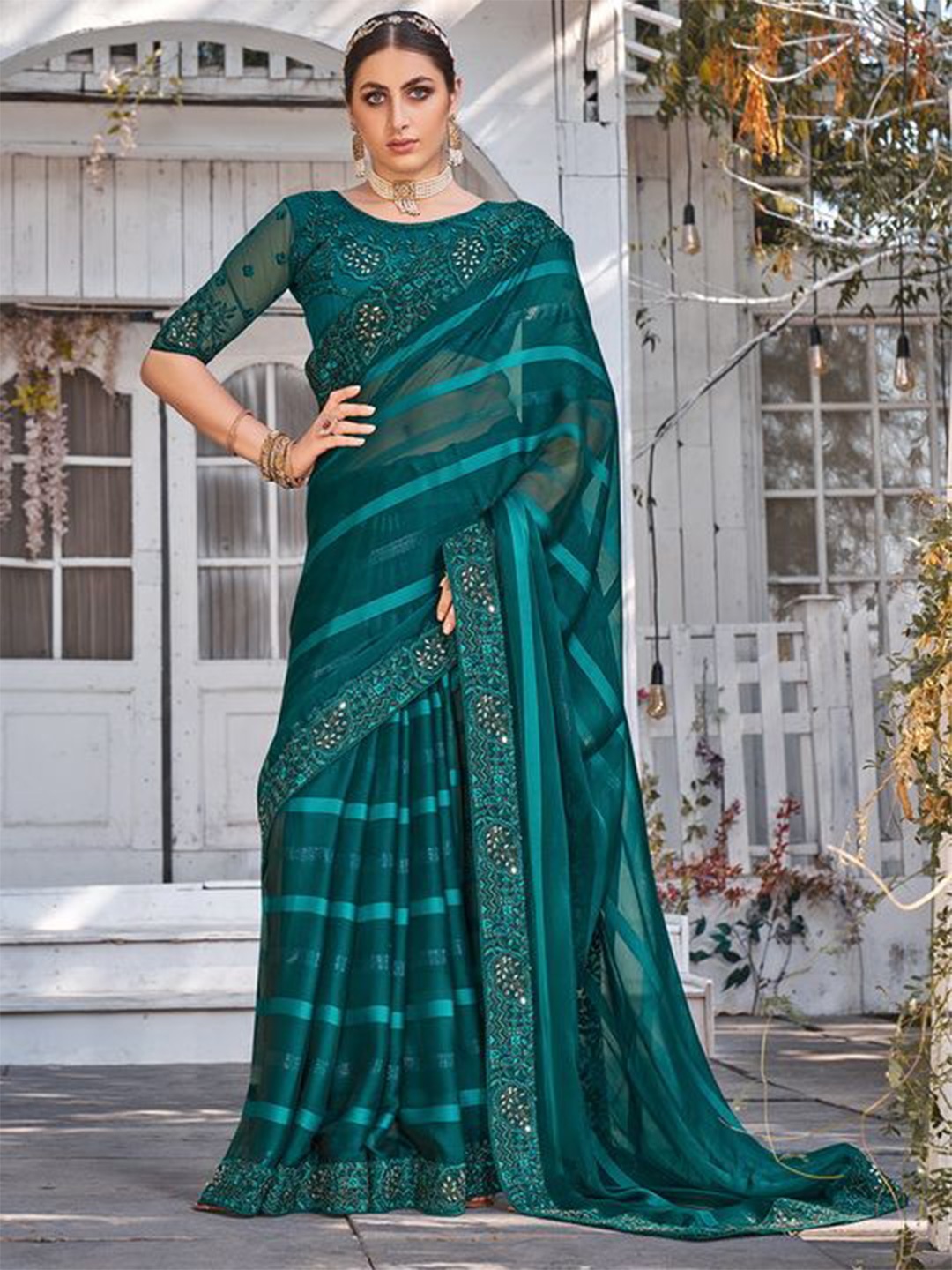 

Mitera Striped Embroidered Pure Chiffon Saree, Teal