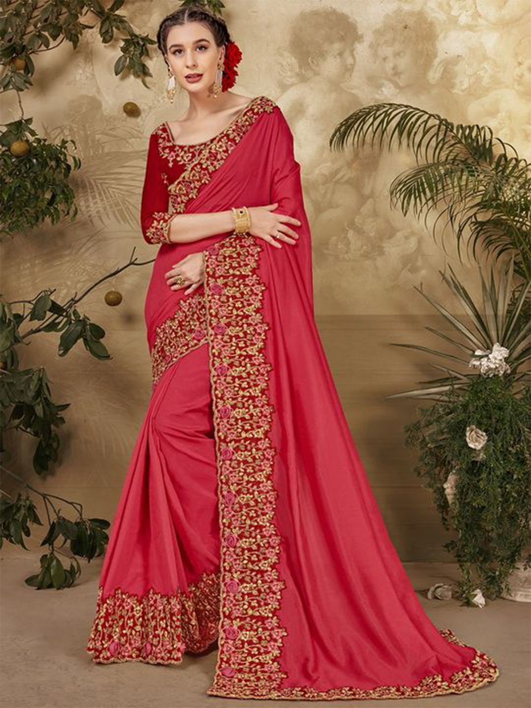 

Mitera Embroidered Heavy Work Saree, Red