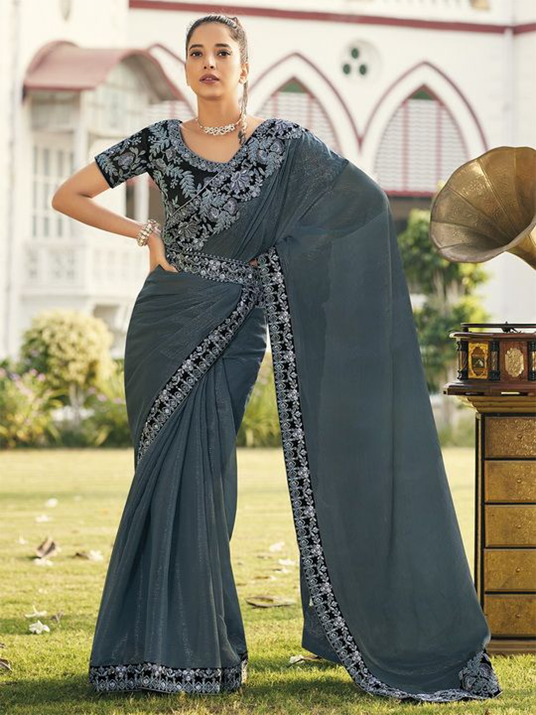 

Mitera Embroidered Pure Chiffon Saree, Blue