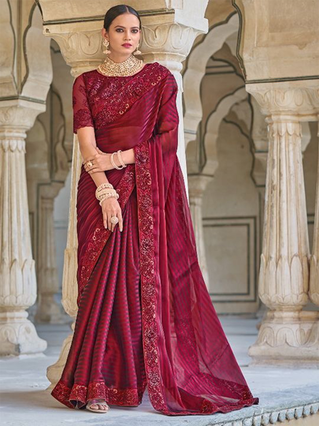 

Mitera Striped Embroidered Pure Chiffon Heavy Work Saree, Burgundy