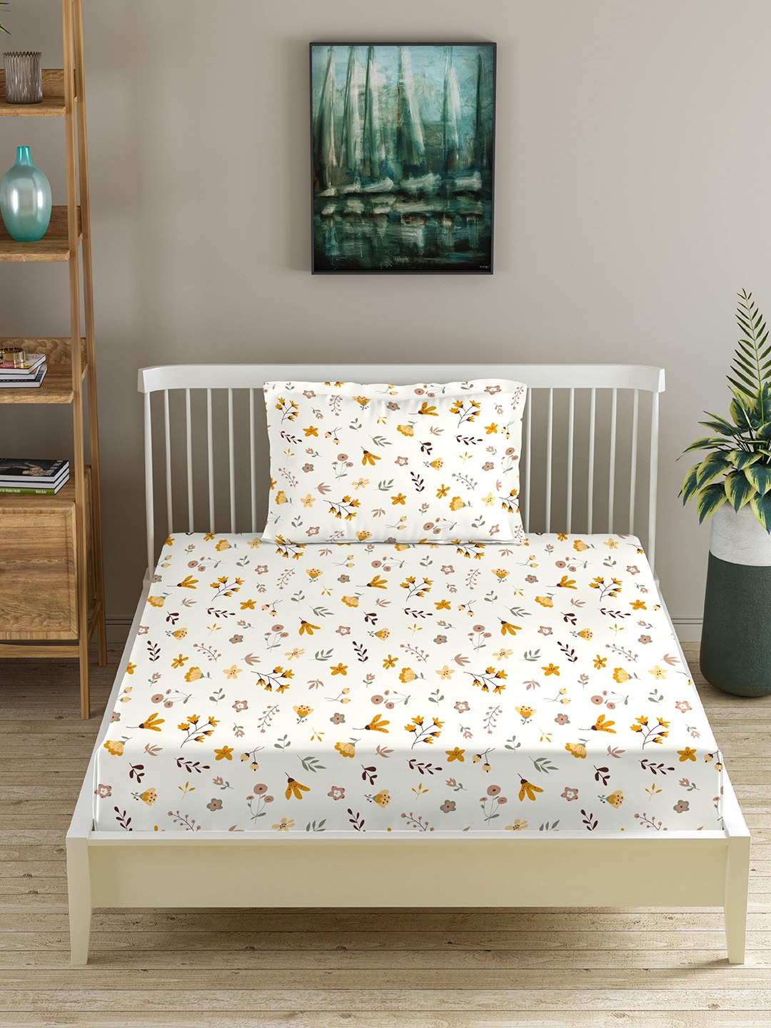 

Trance Home Linen White & Yellow Floral Printed 180 TC Fitted Cotton Single Bedsheet Set