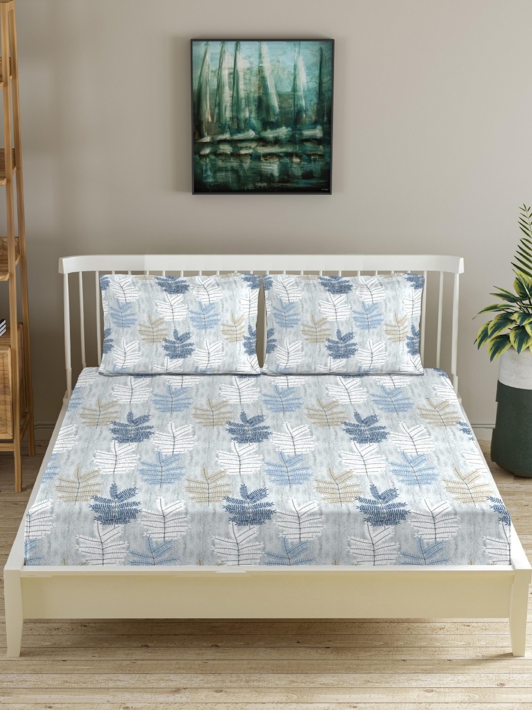 

Trance Home Linen Blue & Grey Floral Cotton 180 TC Queen Bedsheet with 2 Pillow Covers