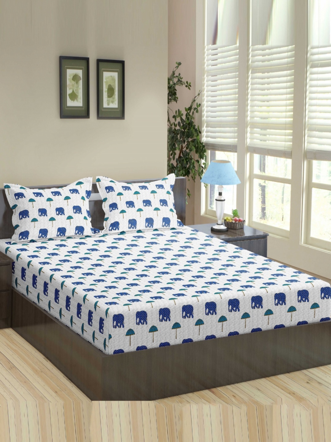 

Trance Home Linen White & Blue 180 TC Cotton Fitted Queen Bedsheet with 2 Pillow Covers