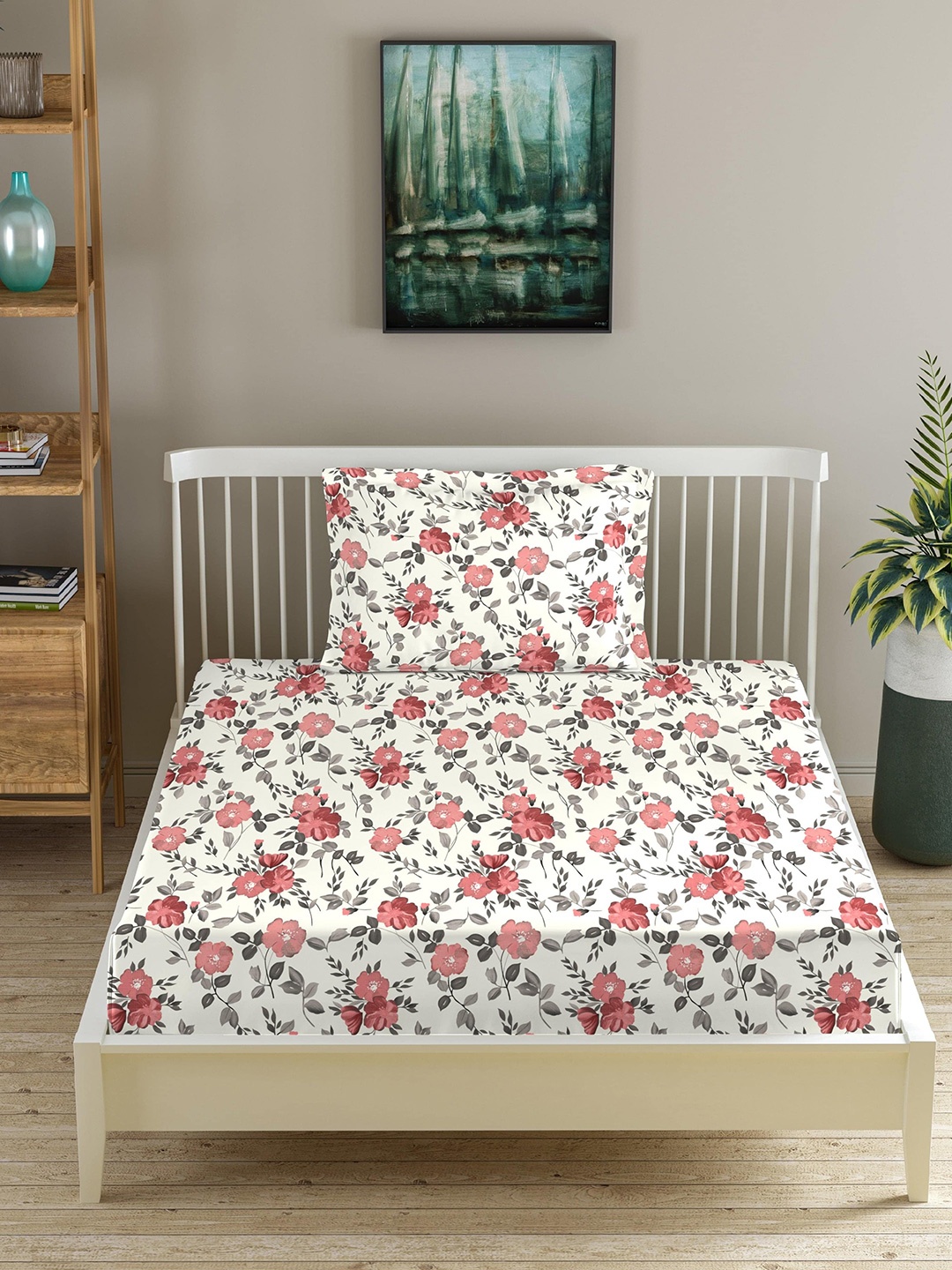 Trance Home Linen Coral & White Printed 180 TC Fitted Cotton Single Bedsheet Set