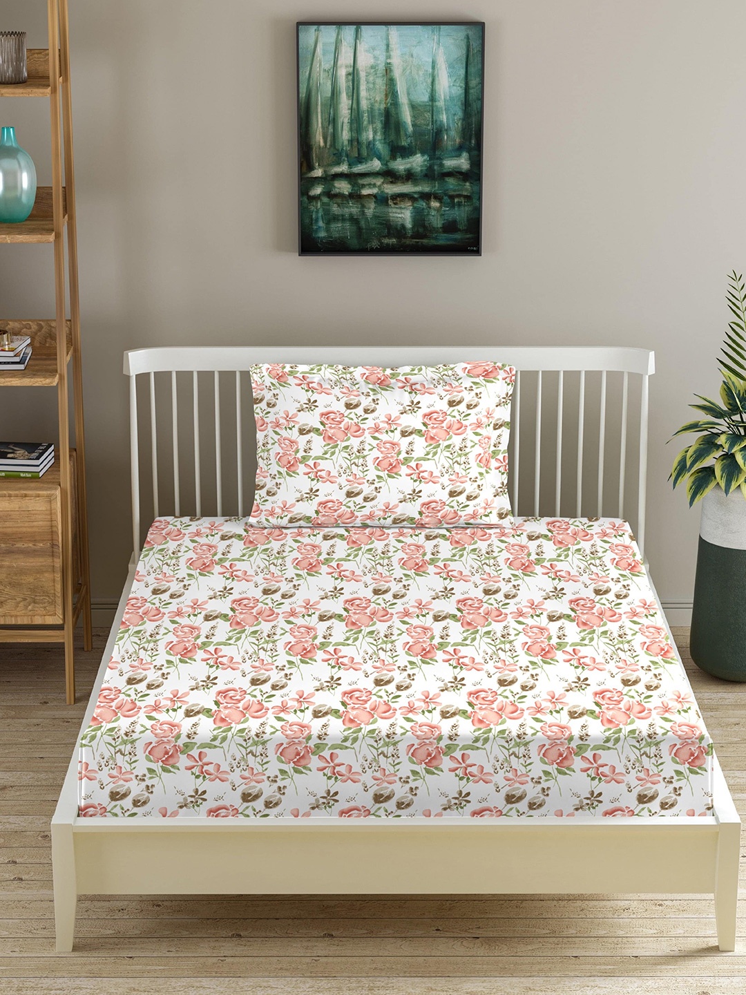 

Trance Home Linen White Floral 180 TC Cotton Fitted Single Bedsheet with 1 Pillow Covers, Red