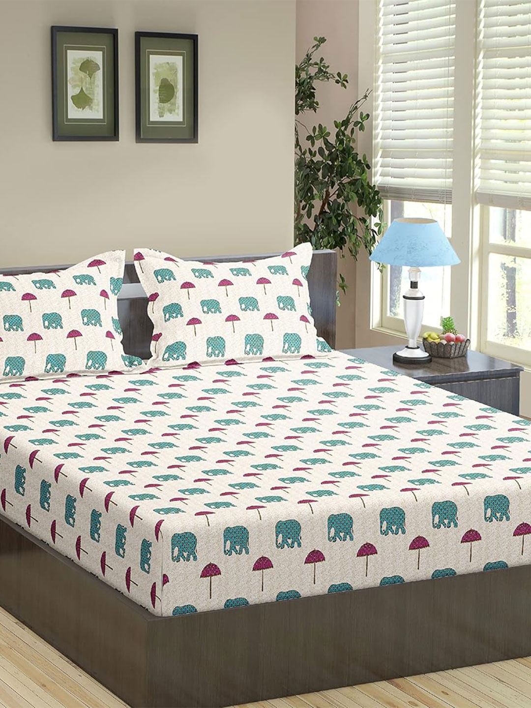 

Trance Home Linen Beige & Teal Blue 180TC Cotton Fitted King Bedsheet with 2 Pillow Covers