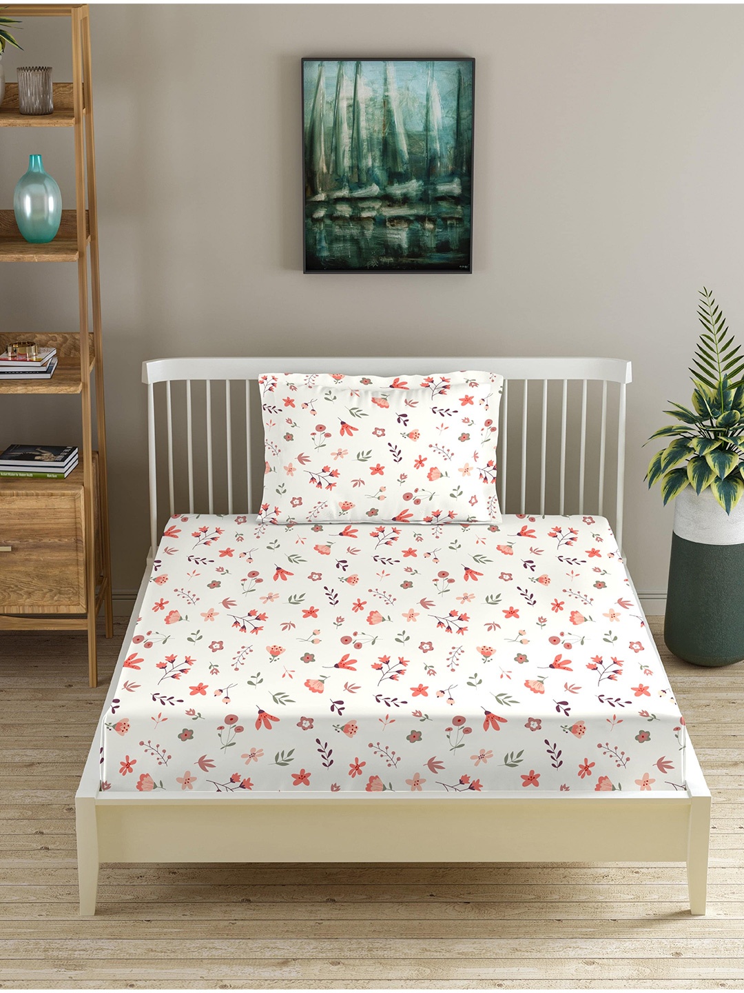 

Trance Home Linen Peach Printed Cotton 180 TC Fitted Single Bedsheet With 1 Pillow Cover