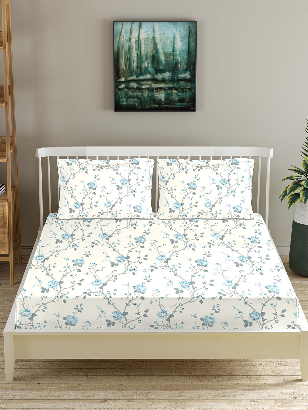 

Trance Home Linen Blue & Cream Floral Cotton 180 TC Queen Bedsheet with 2 Pillow Covers